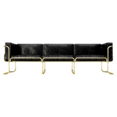 Lotus 3 Seat Sofa - Handcrafted Modern Black Leather Sofa with Brass Legs