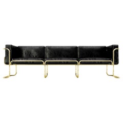 Lotus 3 Seat Sofa - Canapé moderne en cuir noir avec pieds en laiton