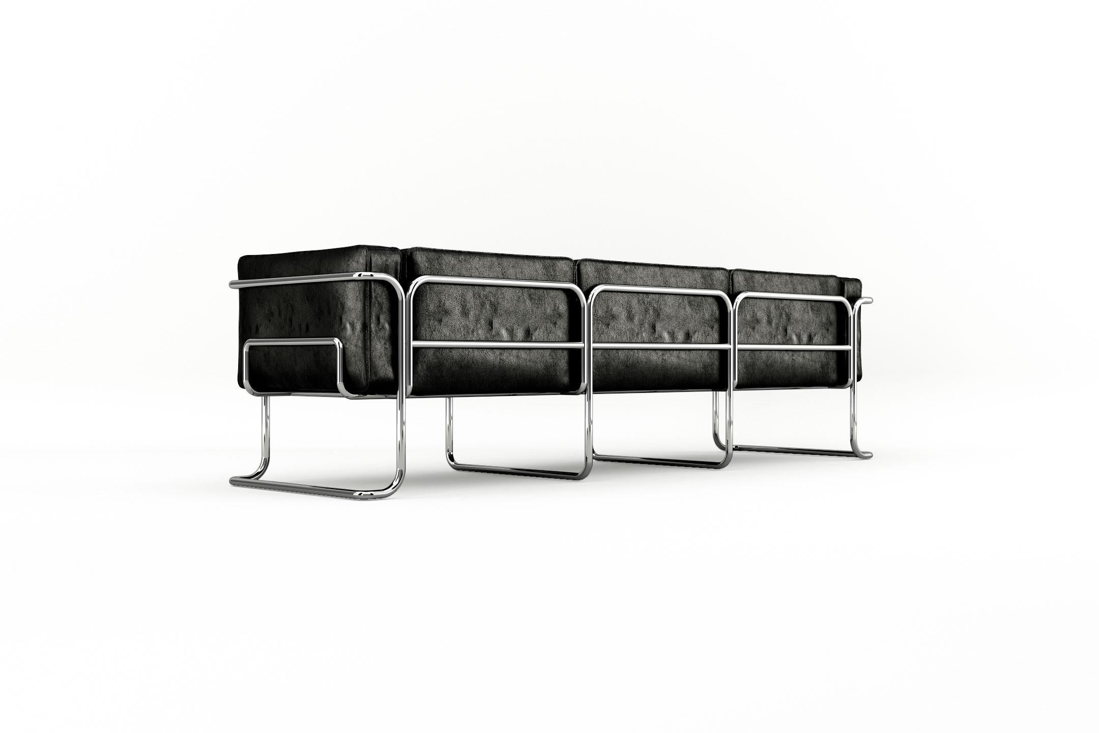Polished Lotus 3 Seat Sofa - Modern Black Leather Sofa with Stainless Steel Legs For Sale