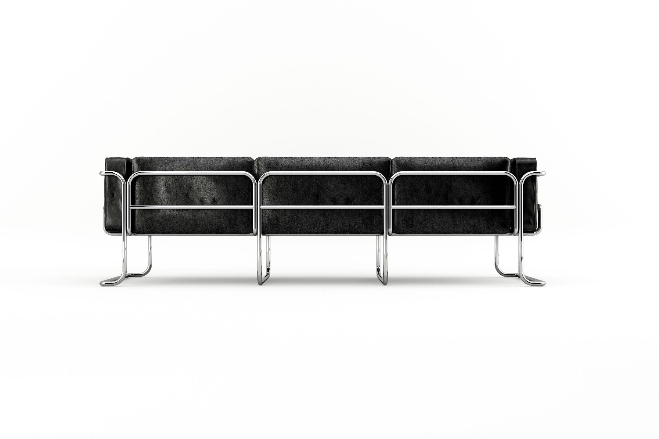 Lotus 3-Sitz-Sofa – modernes schwarzes Ledersofa mit Edelstahlbeinen (Poliert) im Angebot