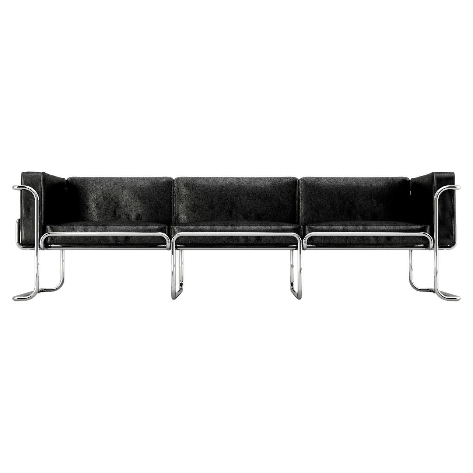 Lotus 3-Sitz-Sofa – modernes schwarzes Ledersofa mit Edelstahlbeinen im Angebot