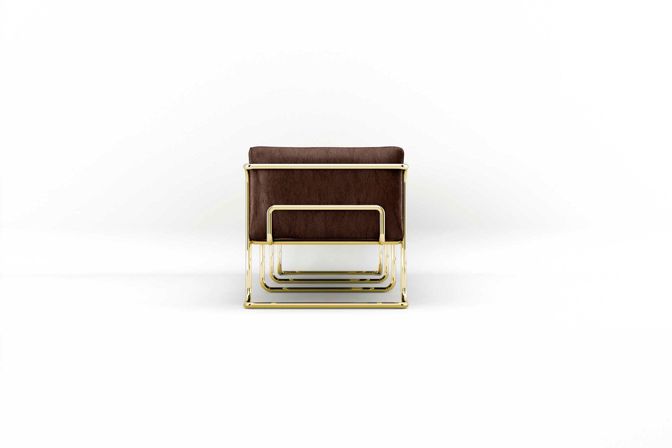 Moderne Canapé 3 places Lotus - Canapé moderne en cuir Brown, fabriqué à la main, avec pieds en laiton en vente