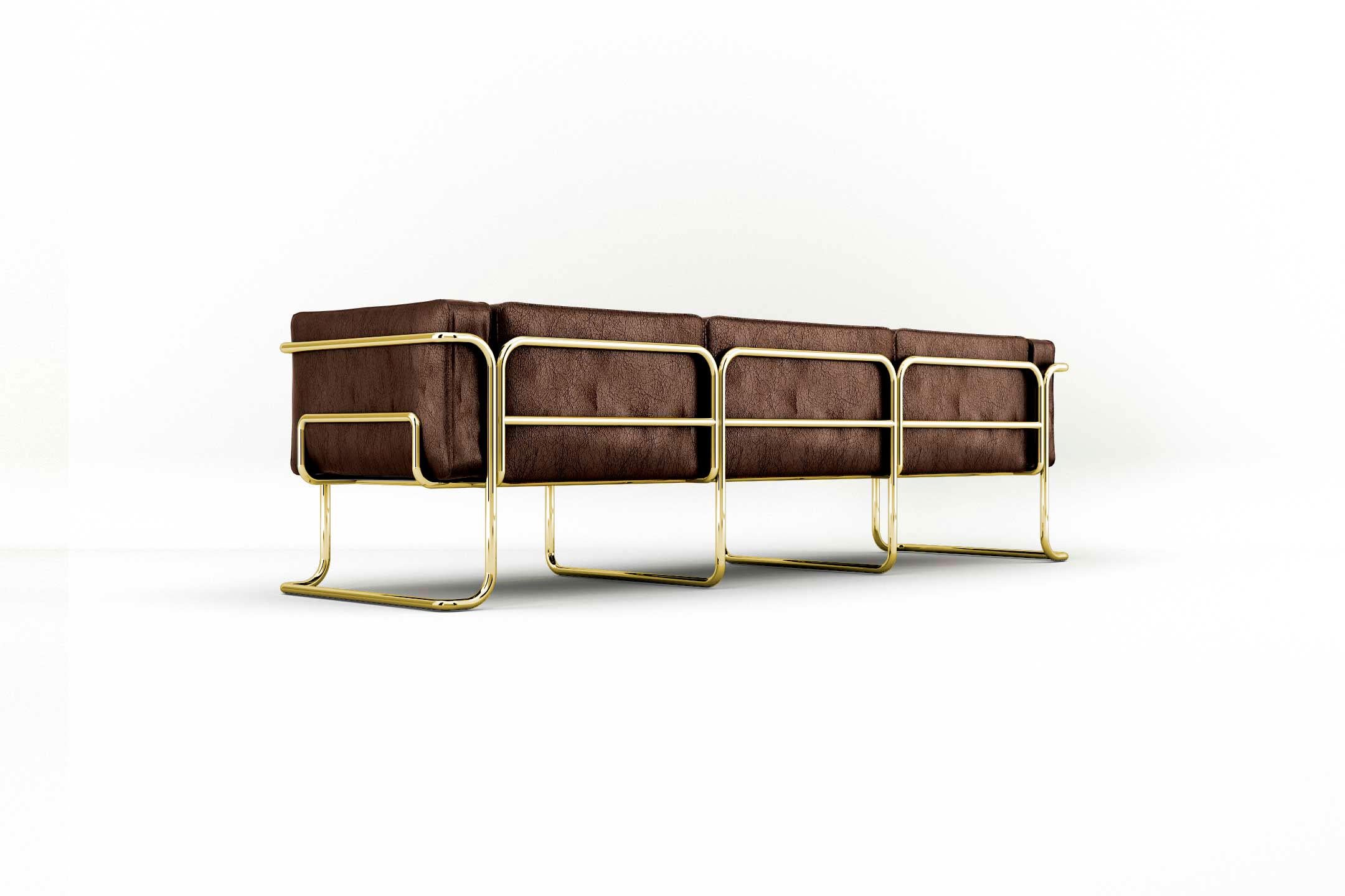 Polished Lotus 3 Seat Sofa - Modern Brown Leather Sofa with Brass Legs For Sale