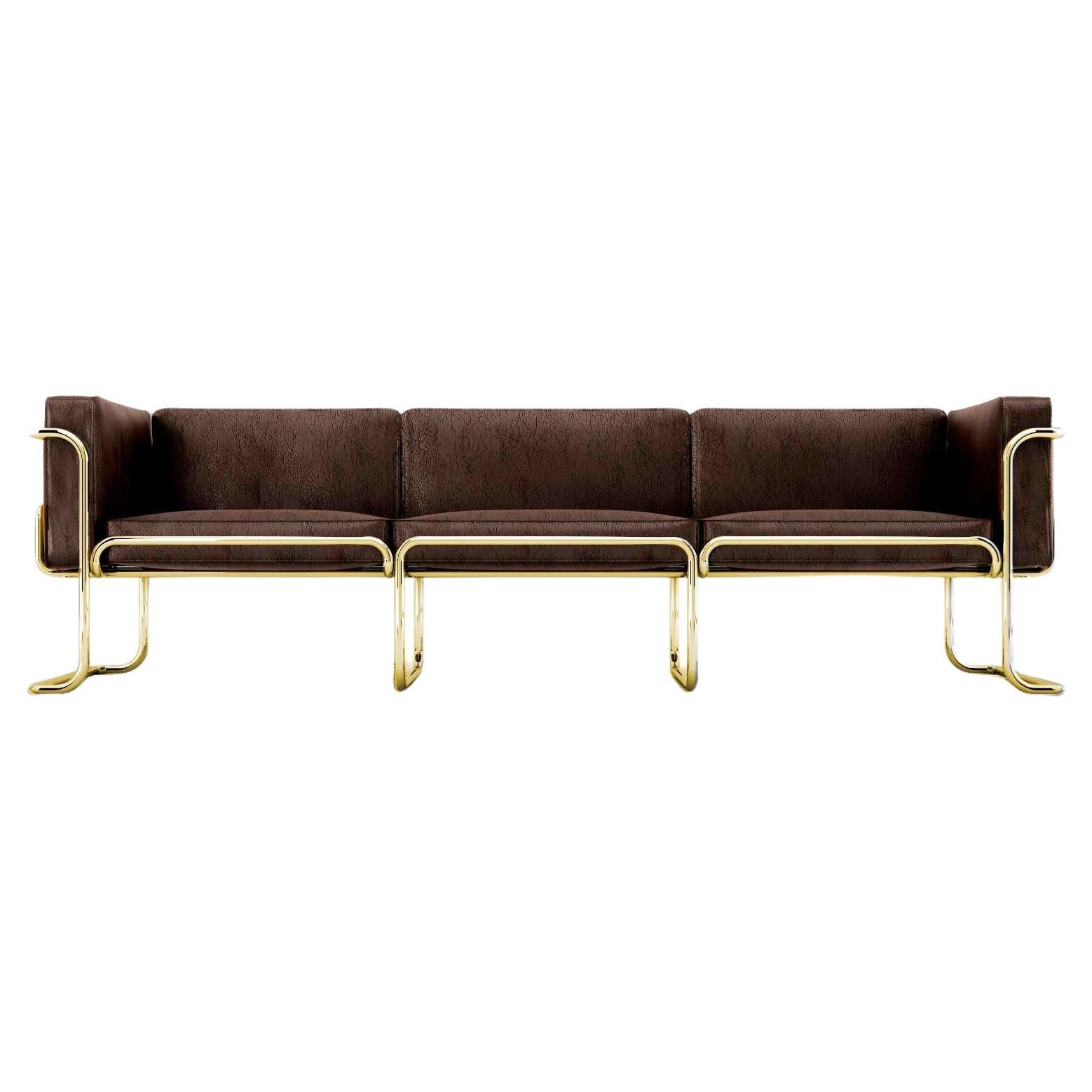 Lotus 3 Seat Sofa - Handcrafted Modern Brown Leather Sofa with Brass Legs
