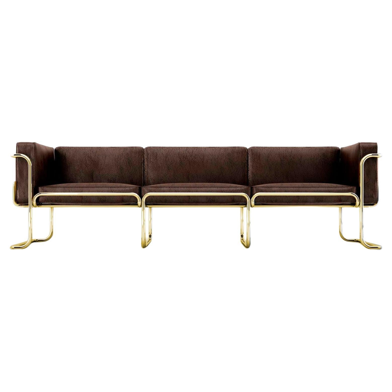 Lotus 3 Seat Sofa - Modern Brown Leather Sofa with Brass Legs For Sale