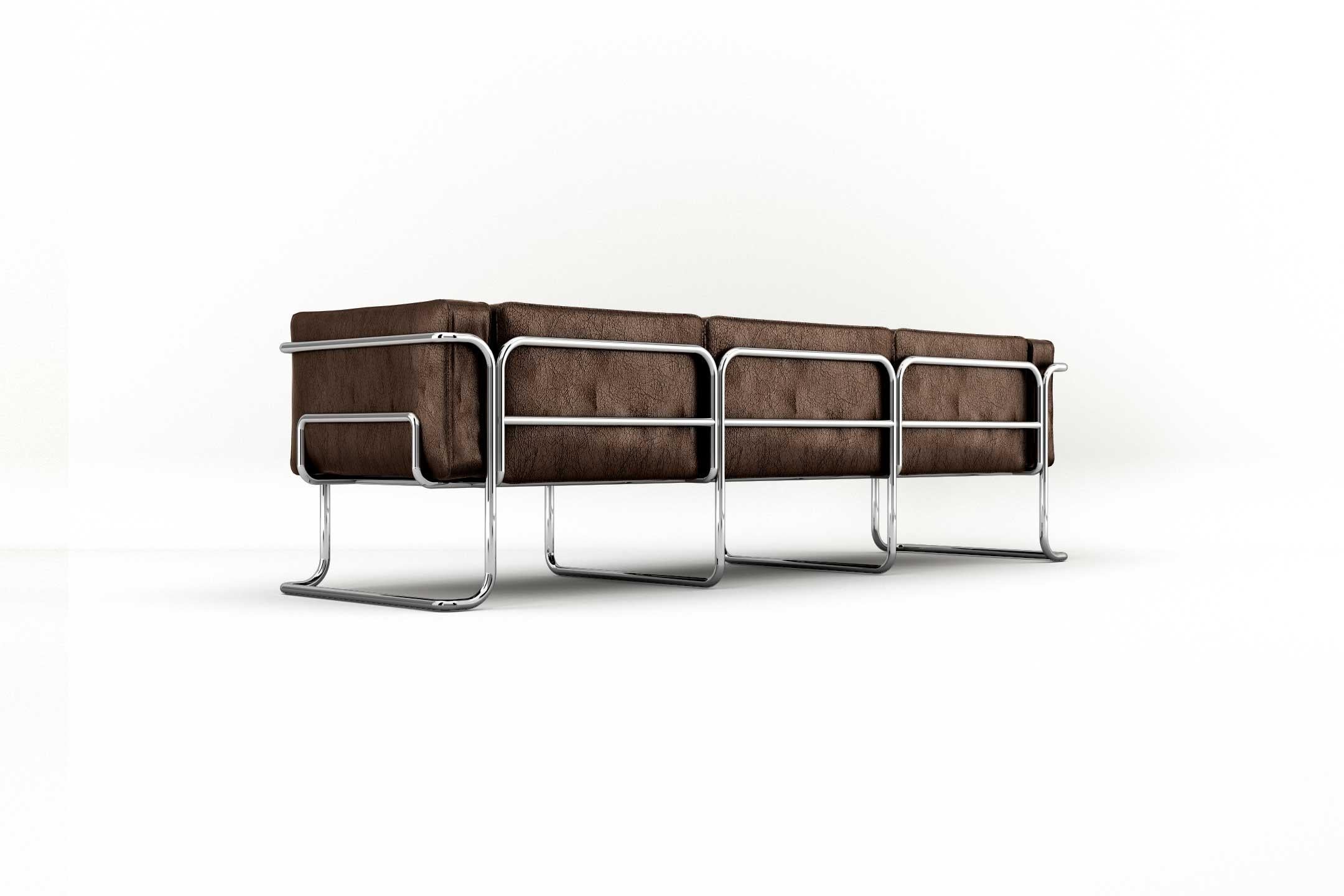 Polished Lotus 3 Seat Sofa - Modern Brown Leather Sofa with Stainless Steel Legs For Sale