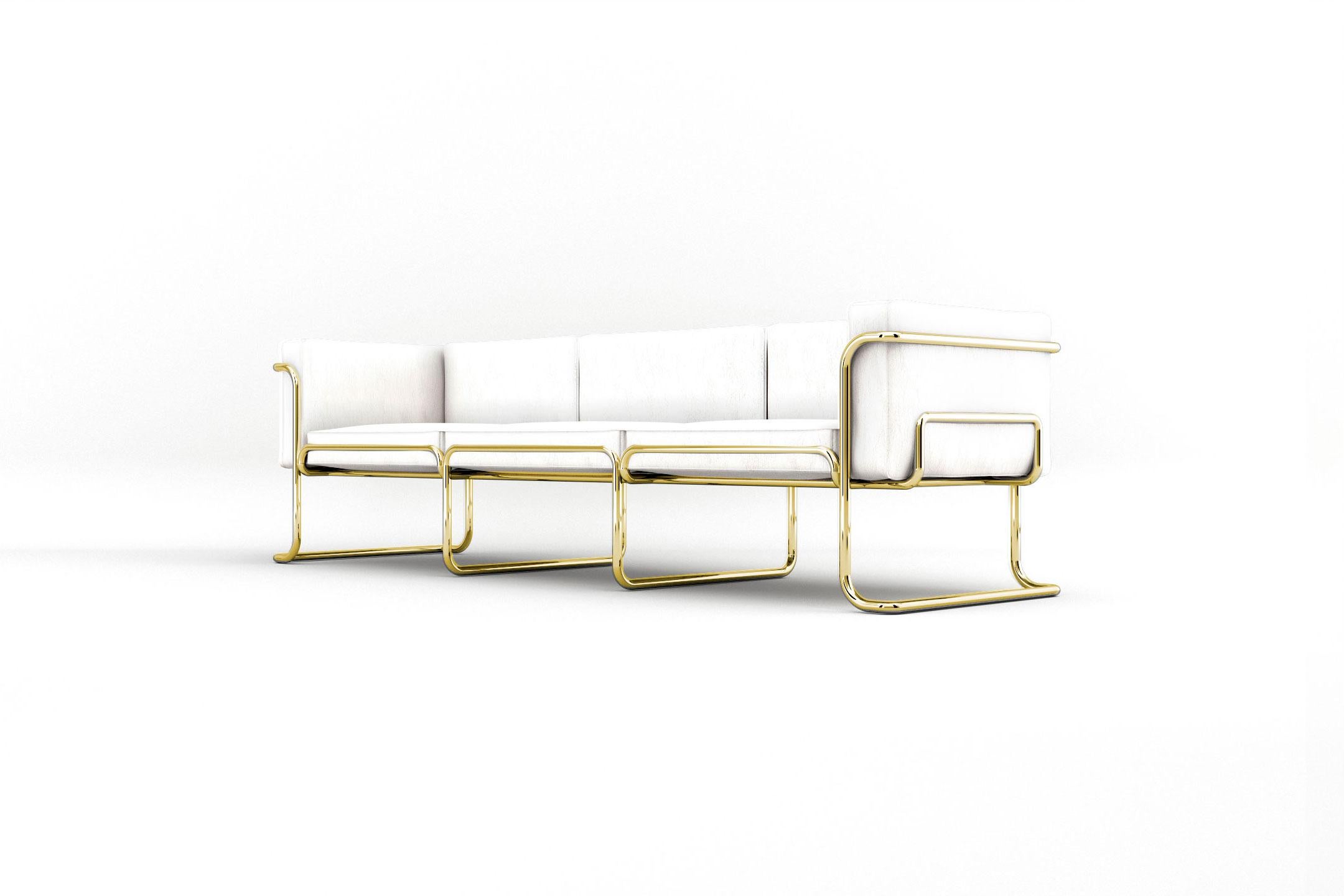 Polished Lotus 3 Seat Sofa - Modern White Leather Sofa with Brass Legs For Sale