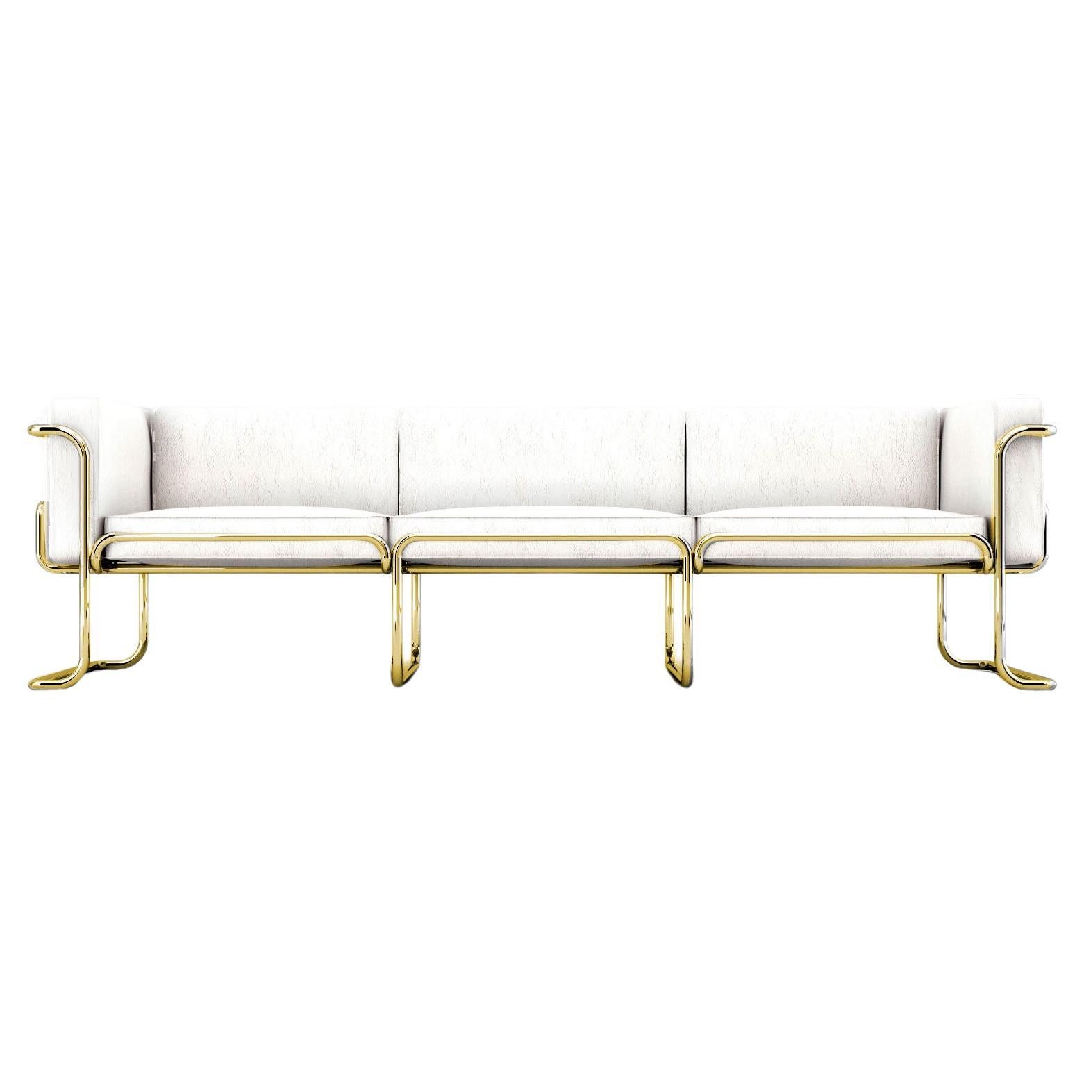 Lotus 3 Seat Sofa - Modern White Leather Sofa with Brass Legs For Sale