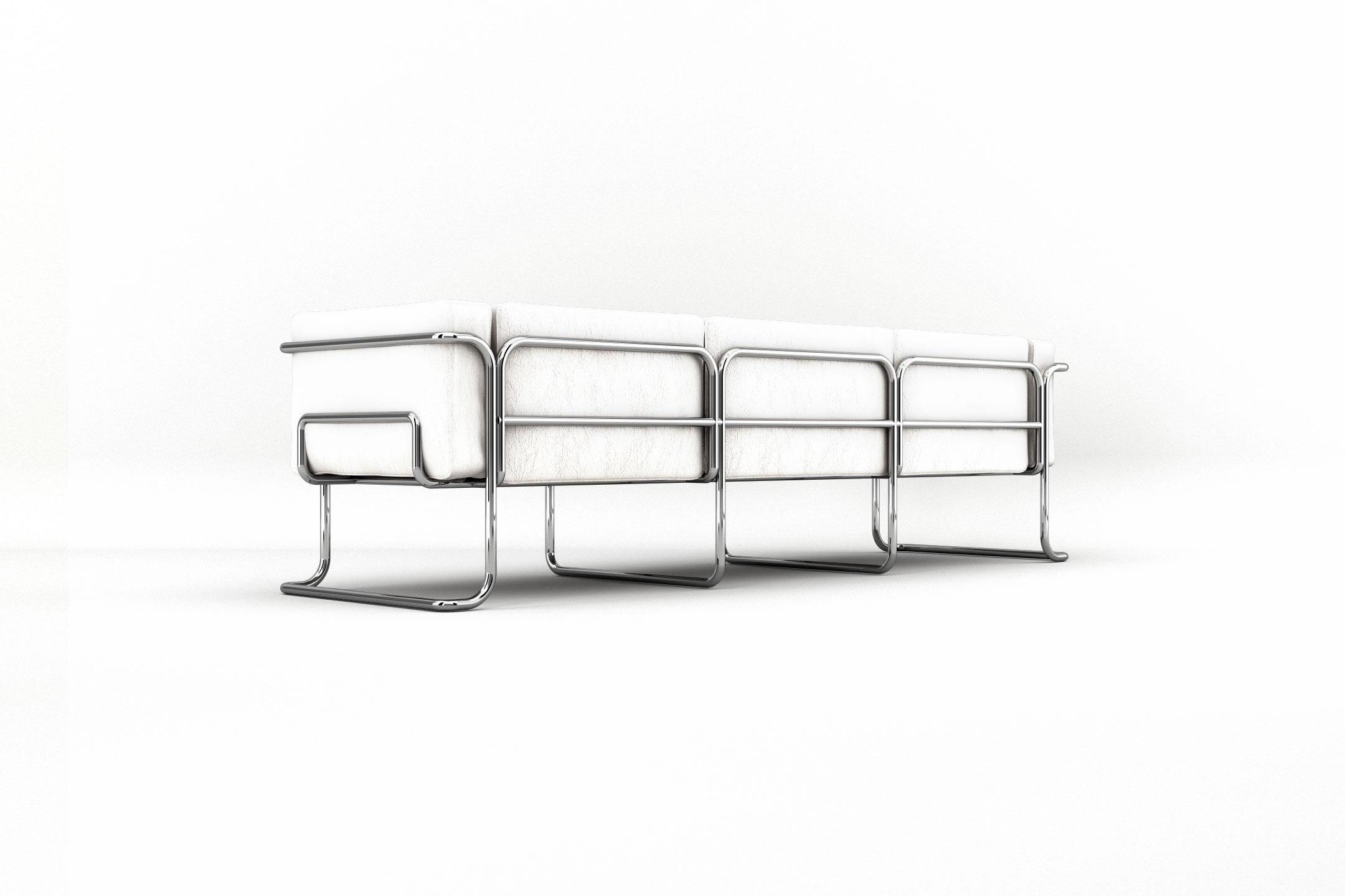 Lotus 3-Sitz-Sofa - Modernes Sofa aus weißem Leder mit Beinen aus Edelstahl (Poliert) im Angebot