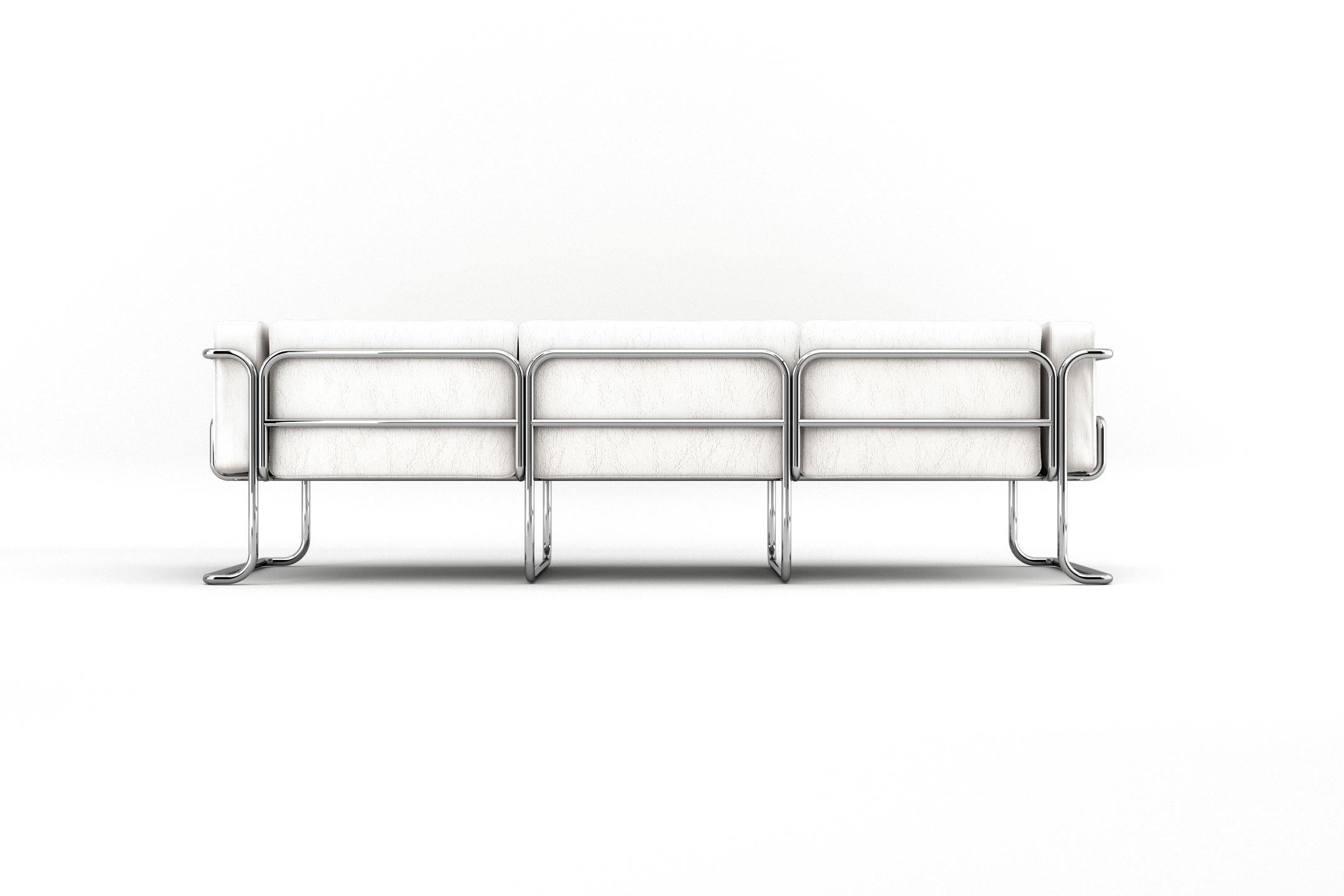 Lotus 3-Sitz-Sofa - Modernes Sofa aus weißem Leder mit Beinen aus Edelstahl im Zustand „Neu“ im Angebot in London, GB