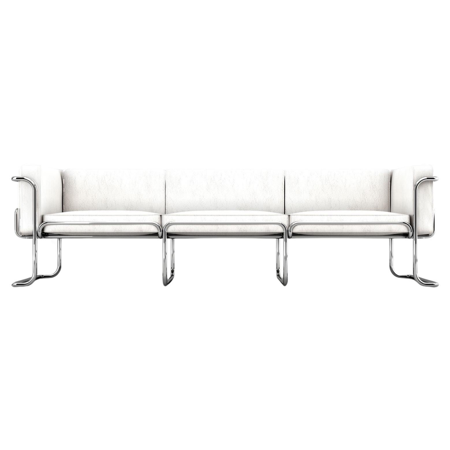 Lotus 3 Seat Sofa - Modern White Leather Sofa with Stainless Steel Legs For Sale