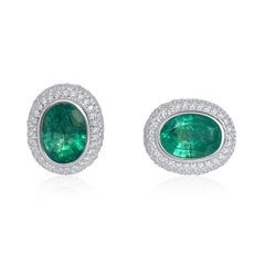 Lotus 5 ct Oval Emerald Earrings with Blue Sapphire Petals and Pave Diamonds