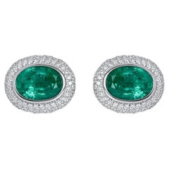 Lotus 5 ct Oval Emerald Earrings with Blue Sapphire Petals and Pave Diamonds