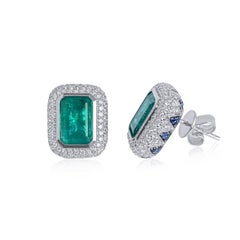 Lotus 5.5ct Emerald Cut Emerald Earrings with Blue Sapphire and Diamonds