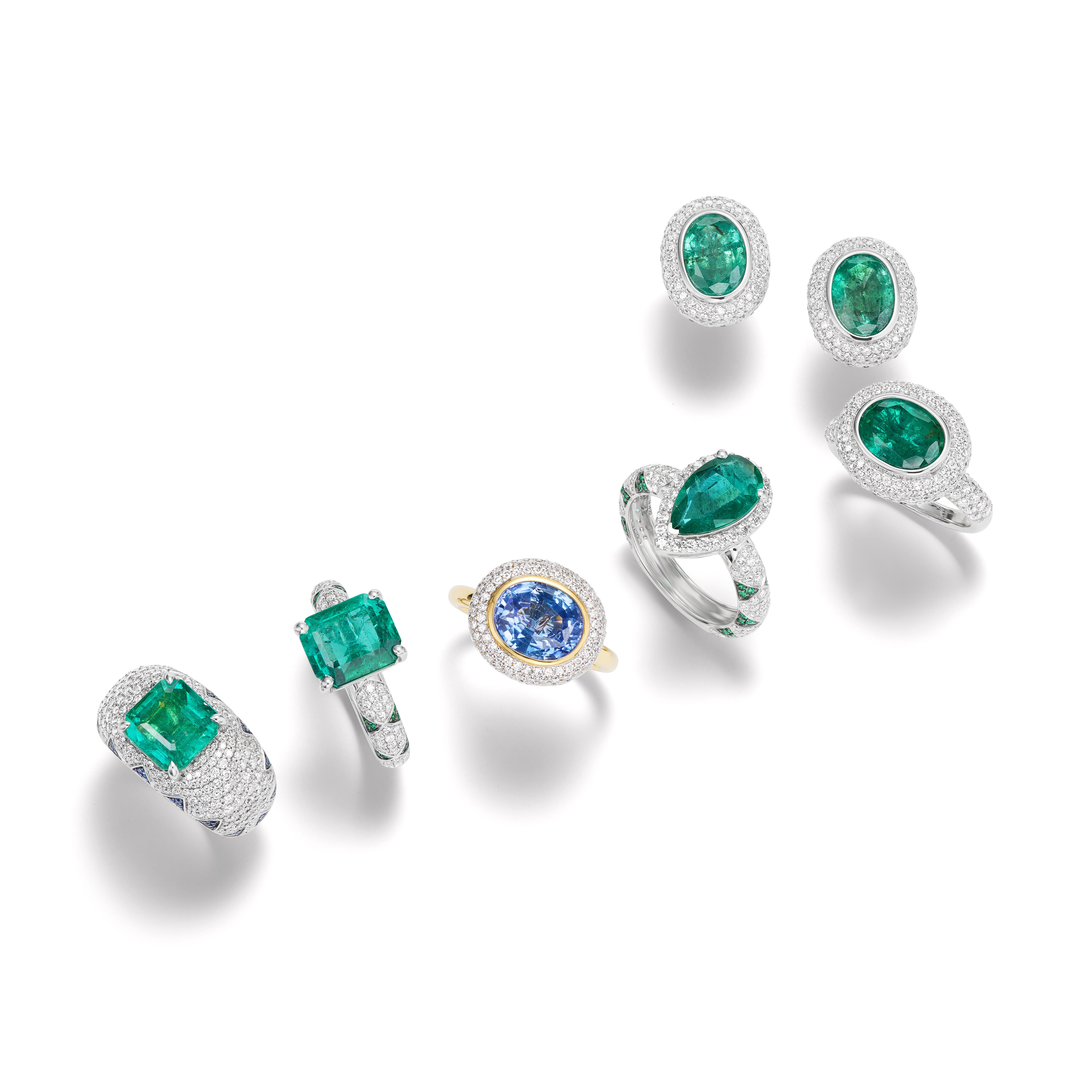 Women's or Men's Lotus 5.5ct Emerald Cut Emerald Earrings with Blue Sapphire and Diamonds