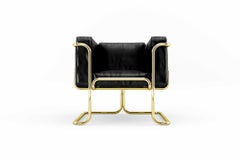 Fauteuil Lotus - Canapé moderne en cuir noir, fabriqué à la main, avec pieds en laiton