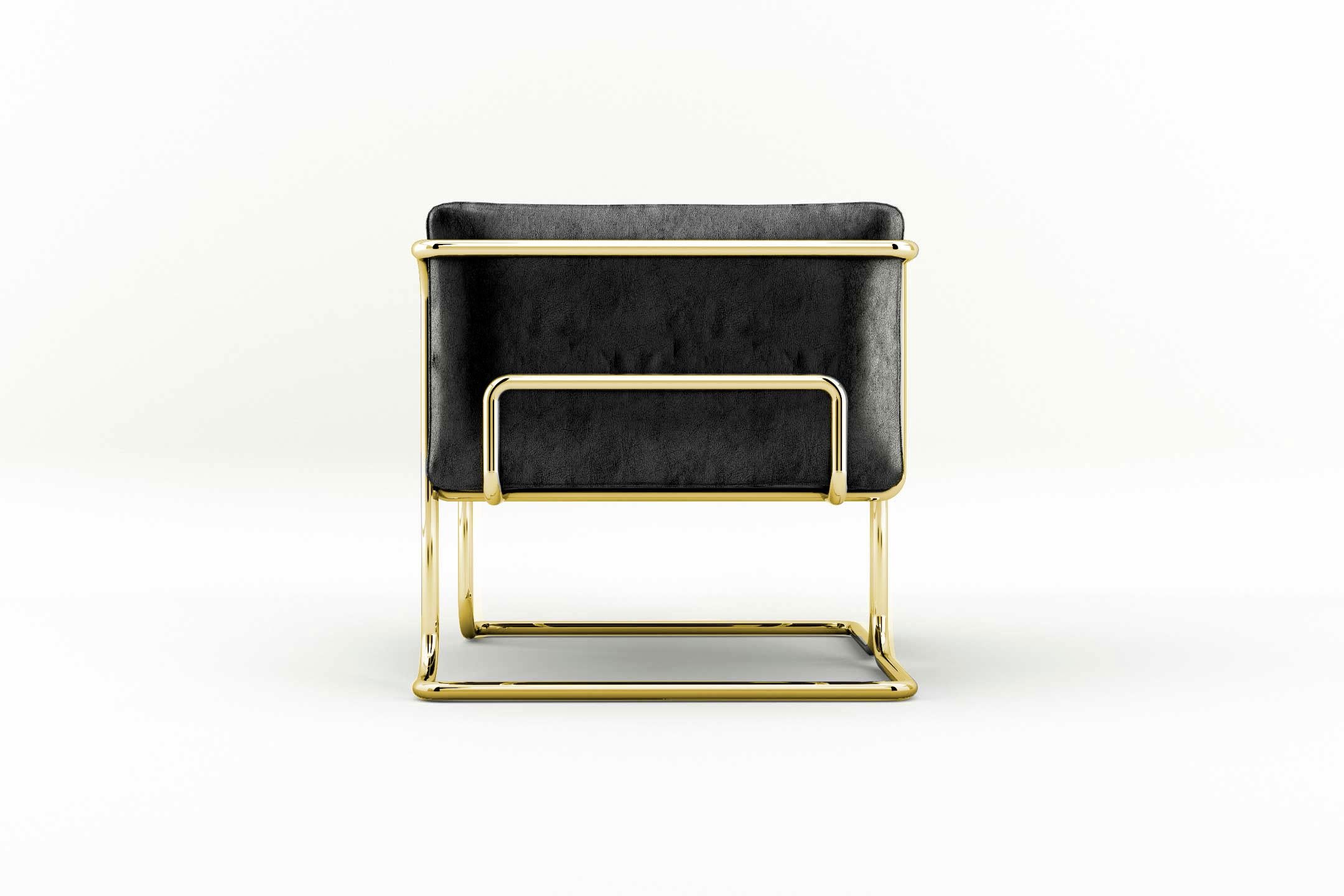 Lotus-Sessel, modernes schwarzes Ledersessel mit Messingbeinen (Moderne) im Angebot
