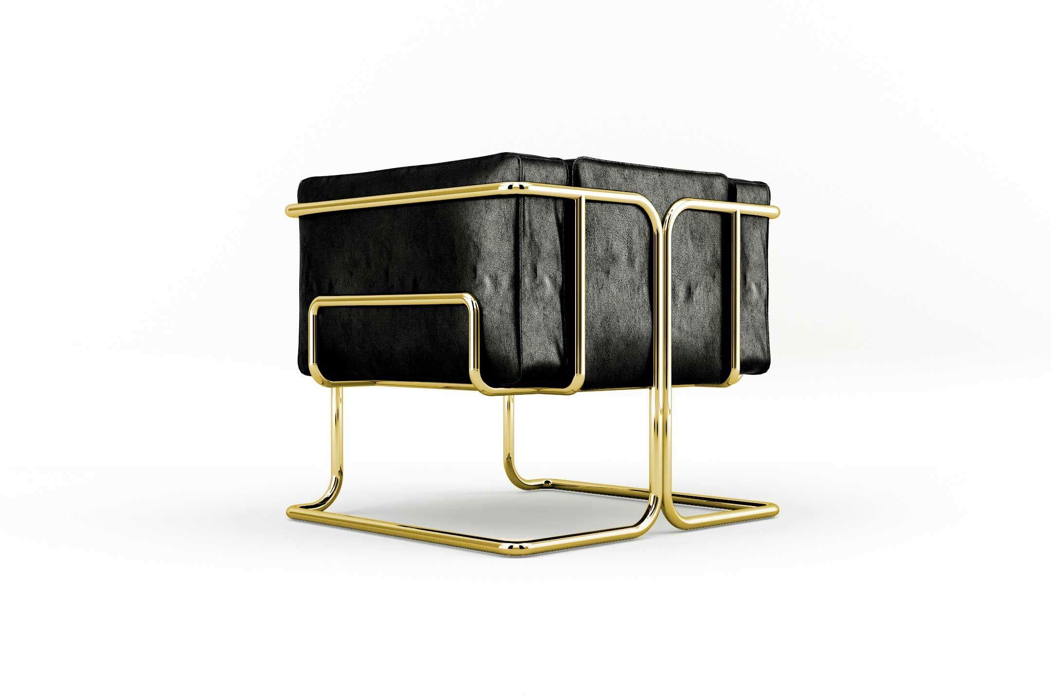 Polished Lotus Armchair, Modern Black Leather Sofa with Brass Legs For Sale