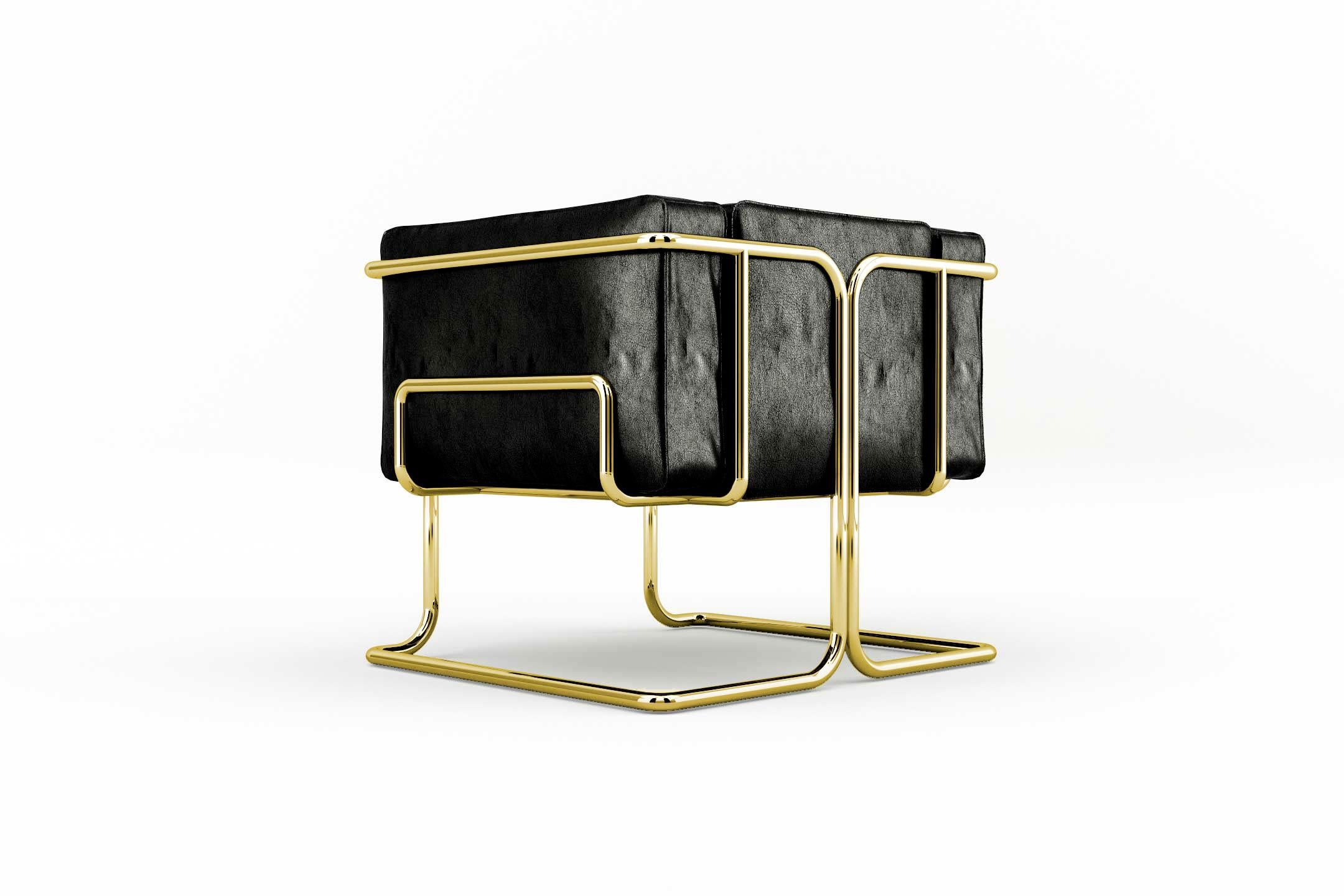 Polished Lotus Armchair - Modern Handcrafted Black Leather Sofa with Brass Legs For Sale
