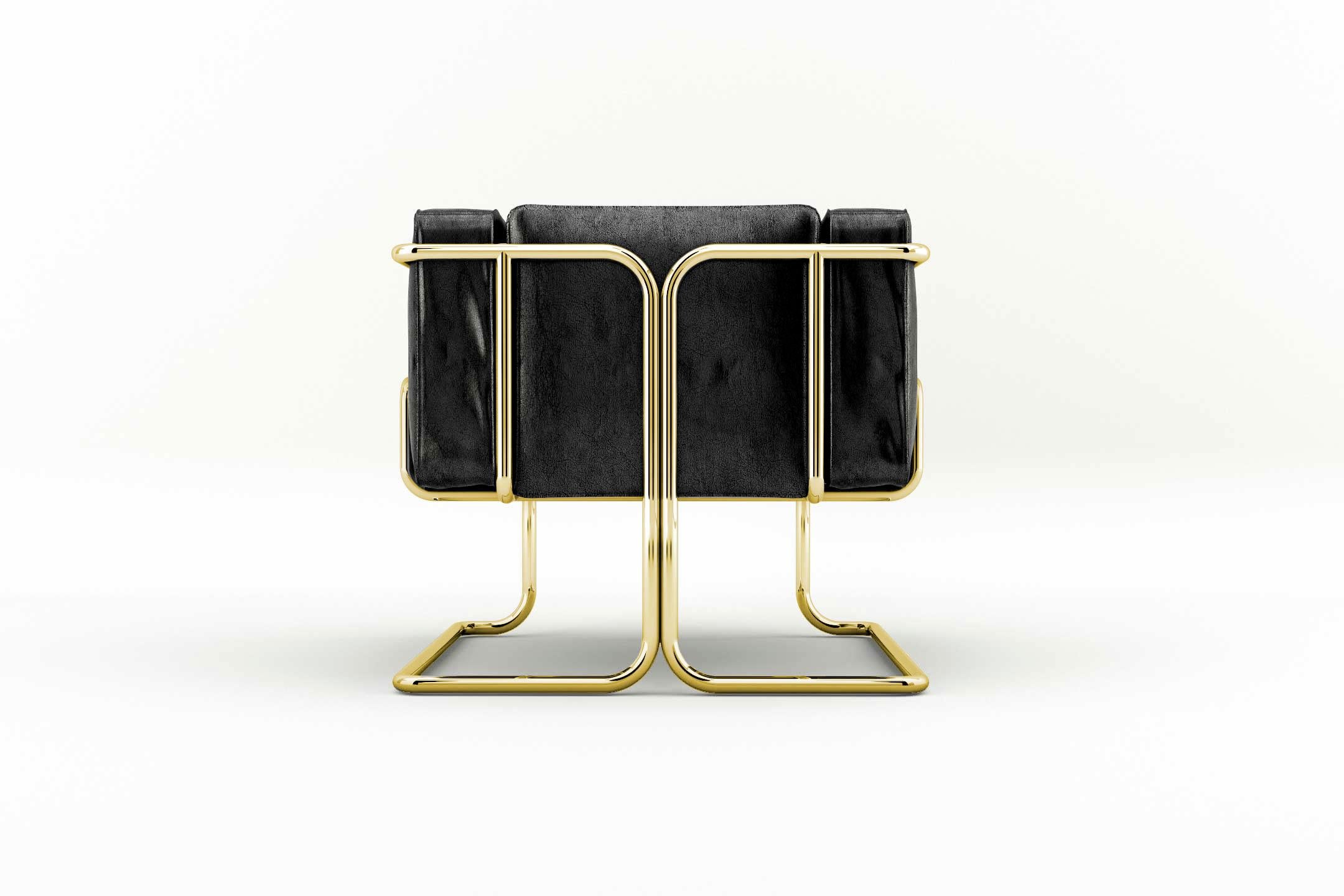Lotus Armchair, Modern Black Leather Sofa with Brass Legs In New Condition For Sale In London, GB