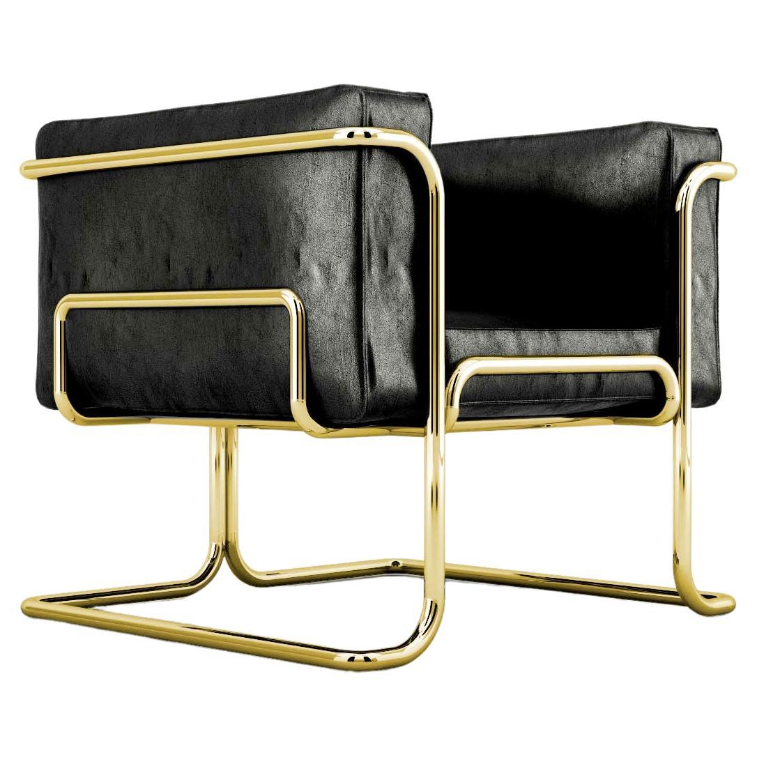 Lotus Armchair, Modern Black Leather Sofa with Brass Legs For Sale