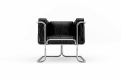 Fauteuil Lotus - Canapé moderne en cuir noir, fabriqué à la main, avec pieds en acier