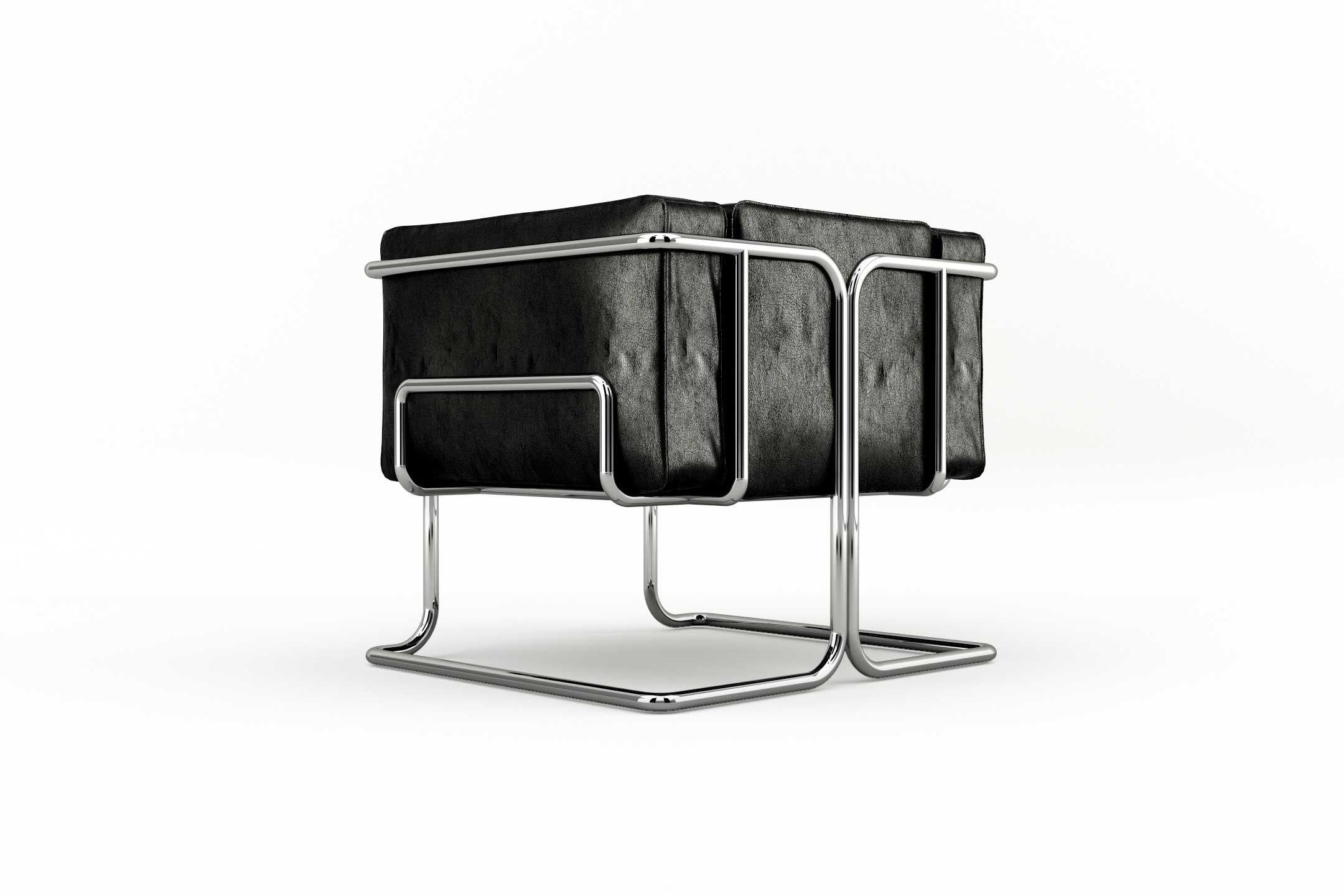 Lotus-Sessel, modernes schwarzes Ledersessel mit Beinen aus Edelstahl (Moderne) im Angebot