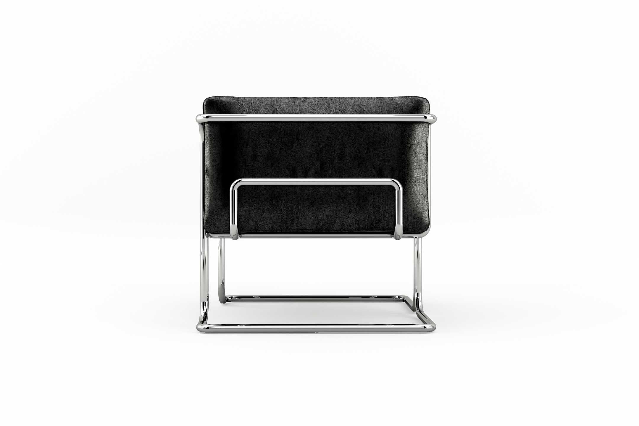 Polished Lotus Armchair, Modern Black Leather Sofa with Stainless Steel Legs For Sale
