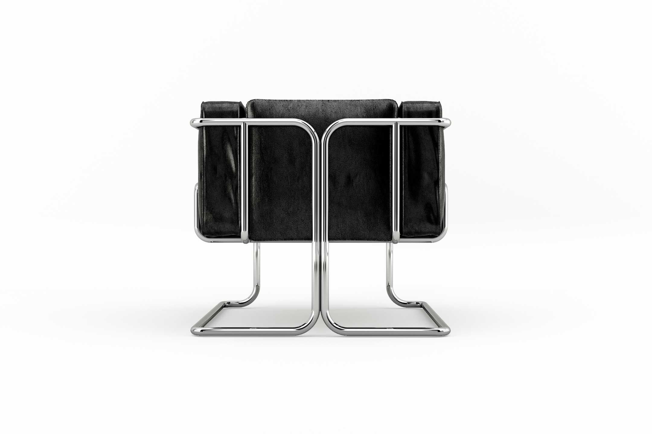 Lotus-Sessel, modernes schwarzes Ledersessel mit Beinen aus Edelstahl (Poliert) im Angebot