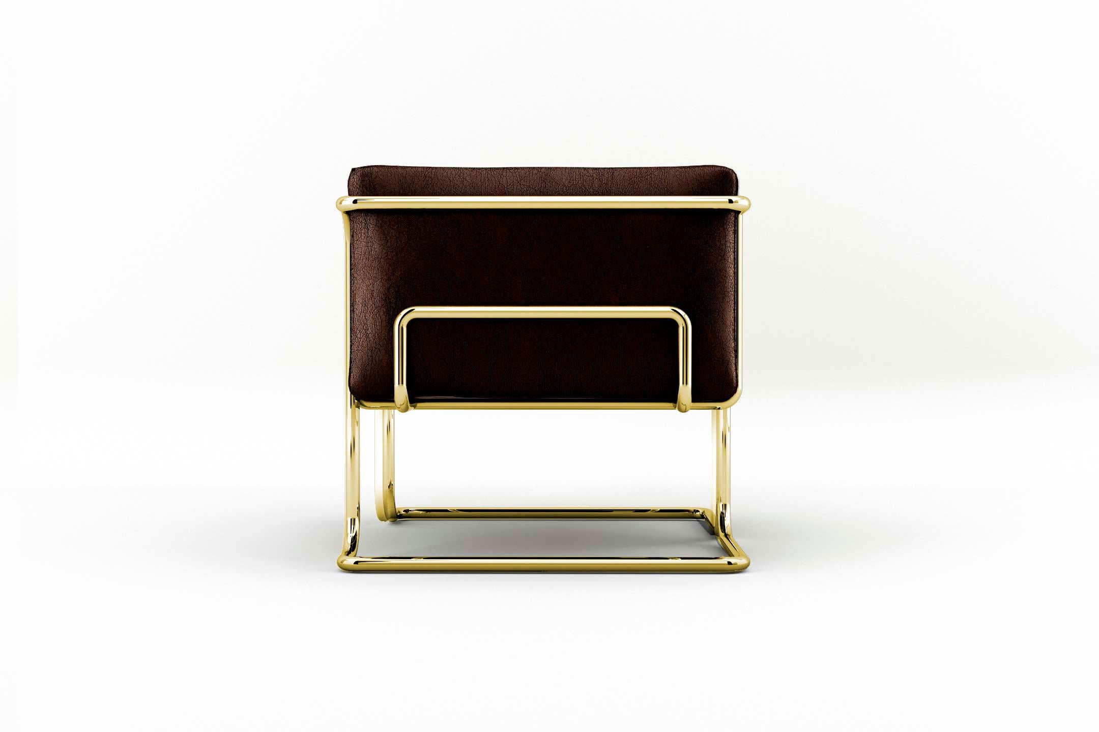 European Lotus Armchair - Modern Handcrafted Brown Leather Sofa with Brass Legs For Sale