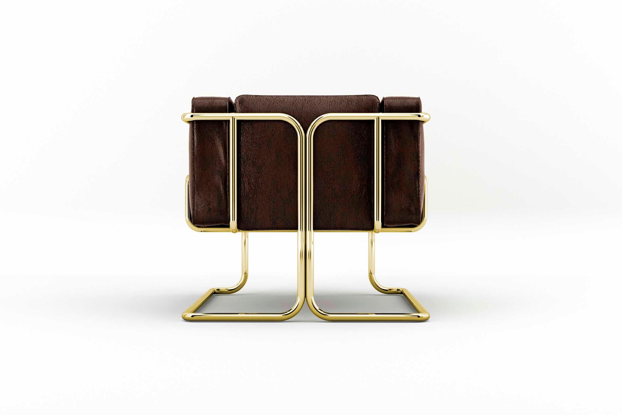 Lotus Sessel, Modernes braunes Ledersofa mit Messingfüßen im Zustand „Neu“ im Angebot in London, GB