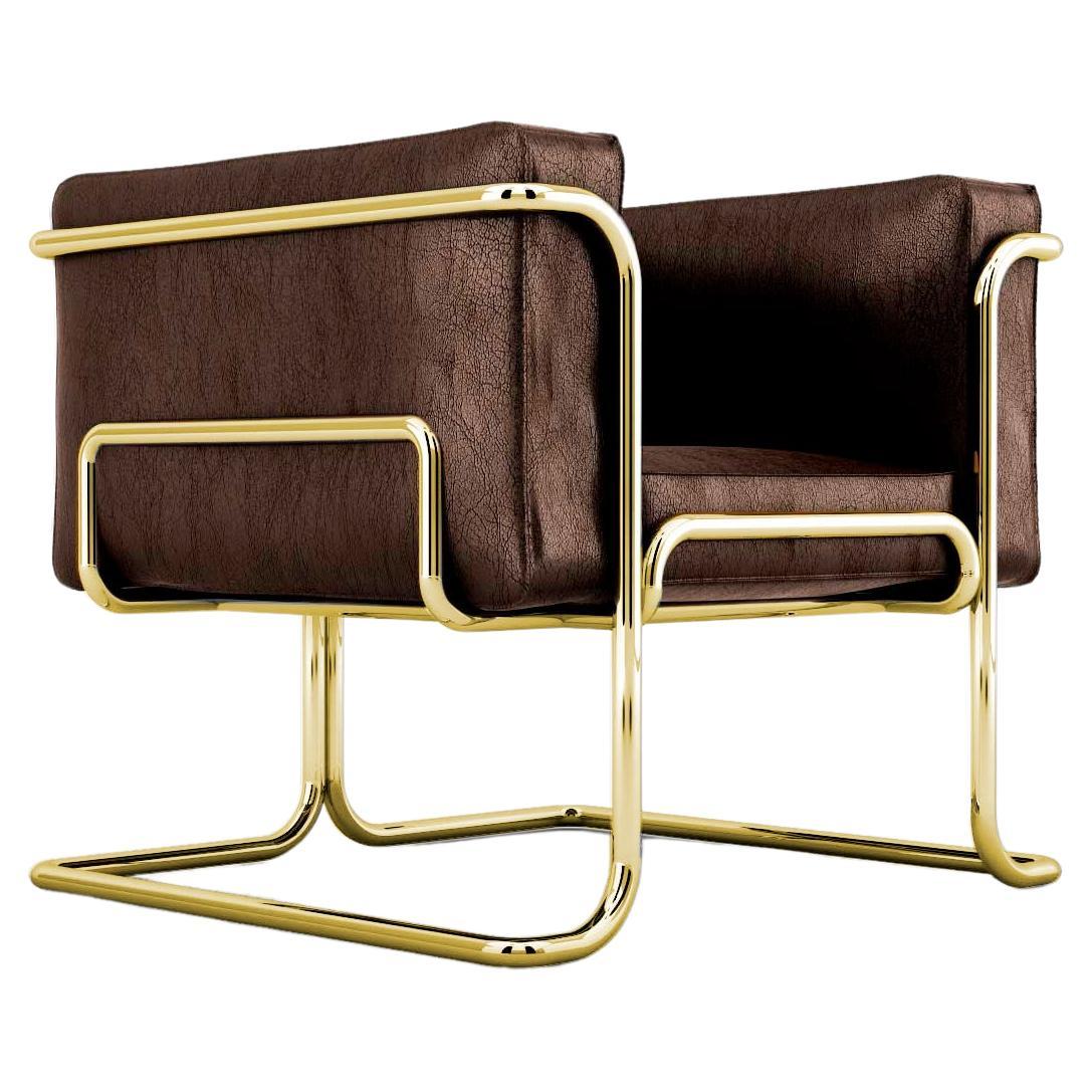 Lotus Armchair, Modern Brown Leather Sofa with Brass Legs For Sale