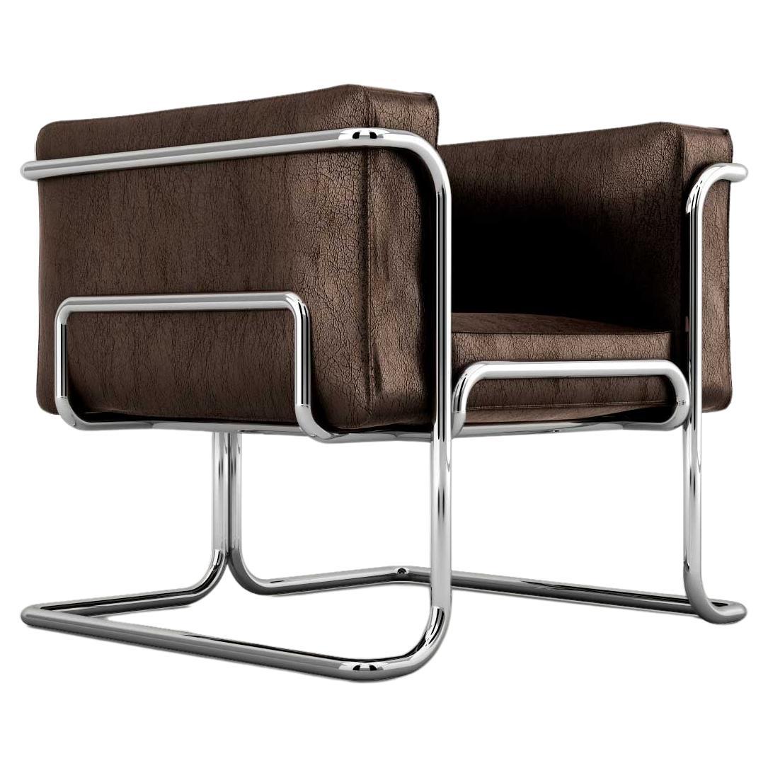 Lotus Armchair - Modern Brown Leather Sofa with Stainless Steel Legs For Sale