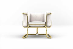 Fauteuil Lotus moderne fabriqué à la main en cuir blanc avec pieds en laiton