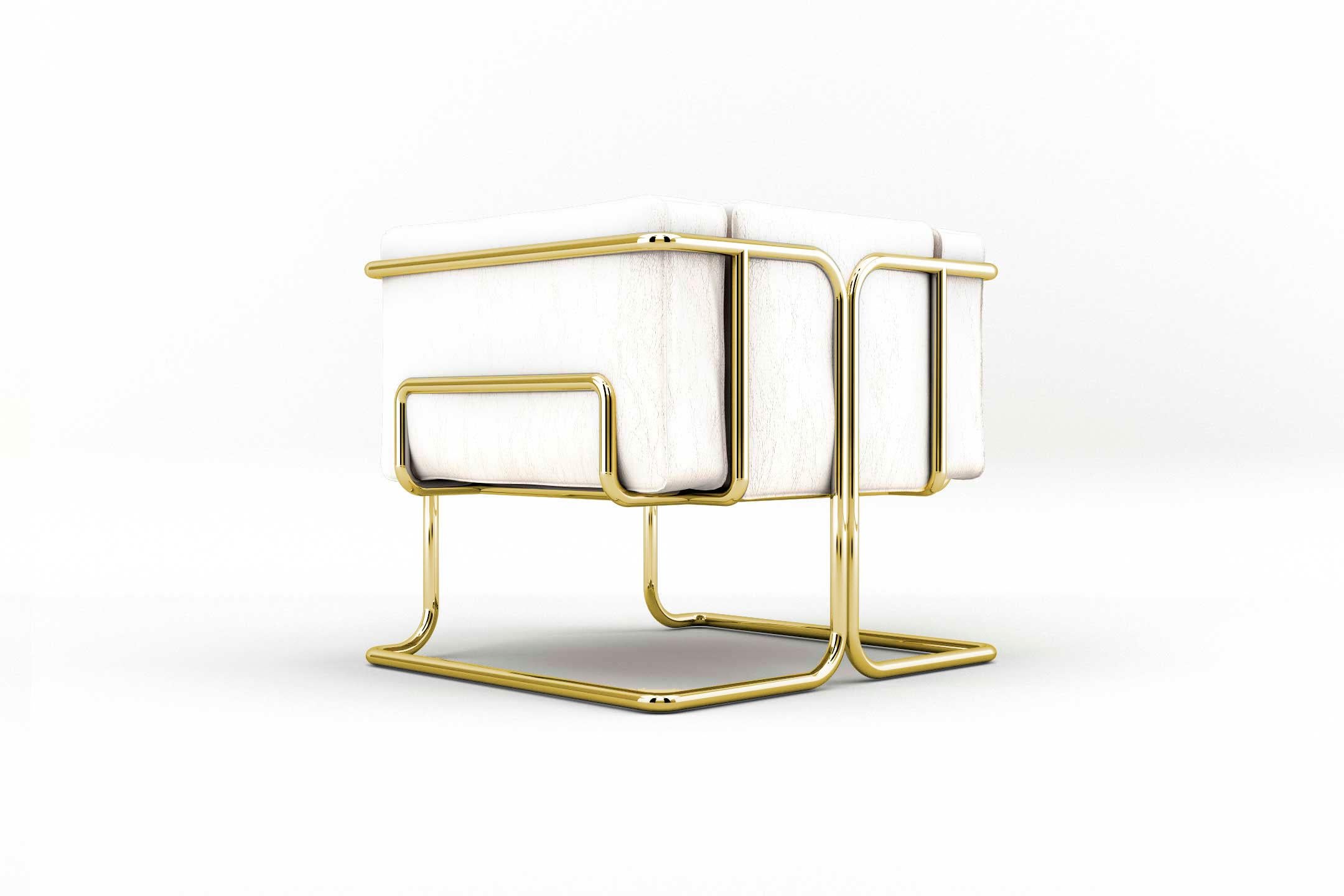 Polished Lotus Armchair - Modern Handcrafted White Leather Sofa with Brass Legs For Sale