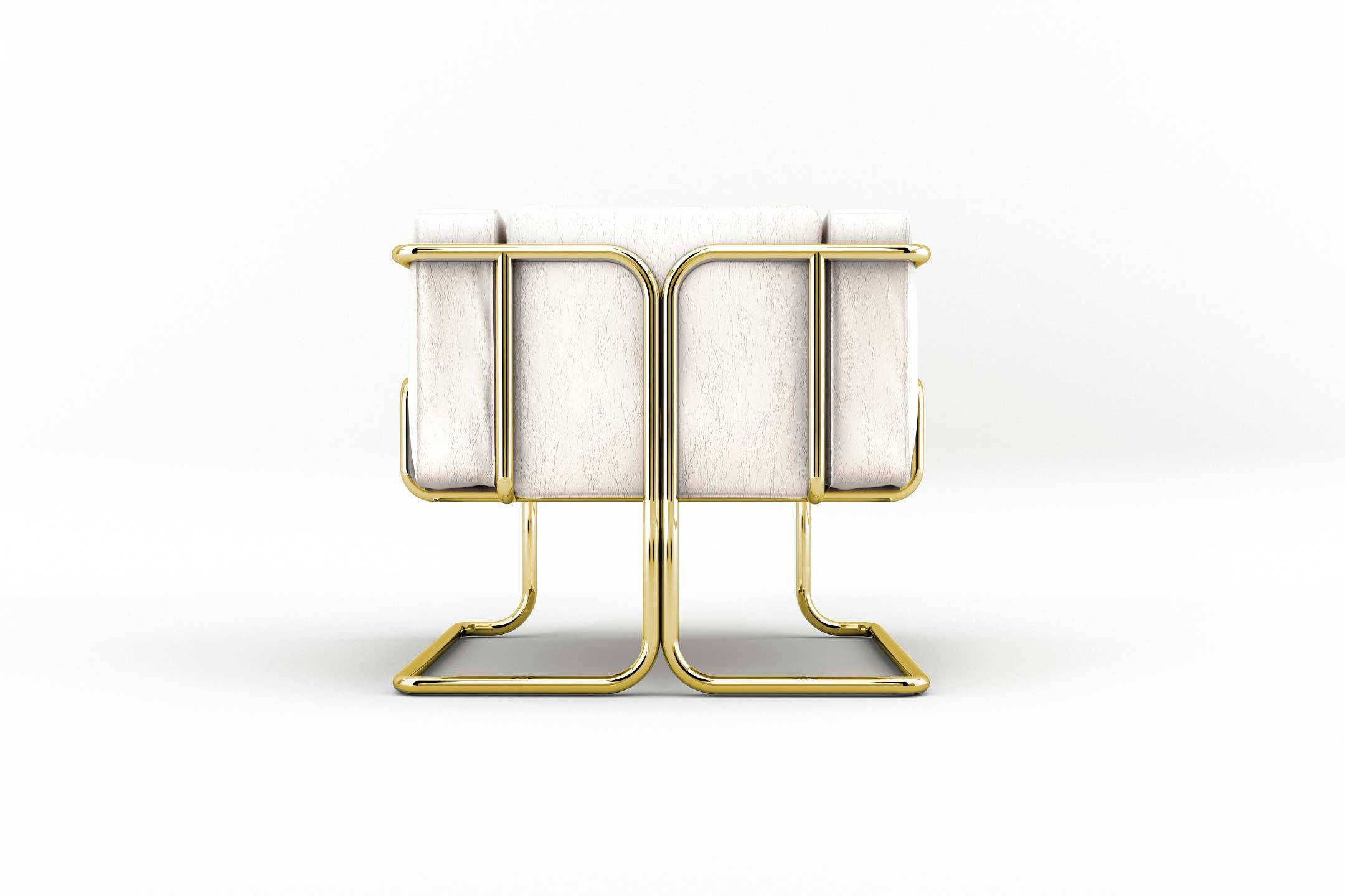 Lotus-Sessel, modernes weißes Ledersessel mit Messingbeinen (Poliert) im Angebot