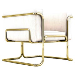 Lotus Armchair, Modern White Leather Sofa with Brass Legs