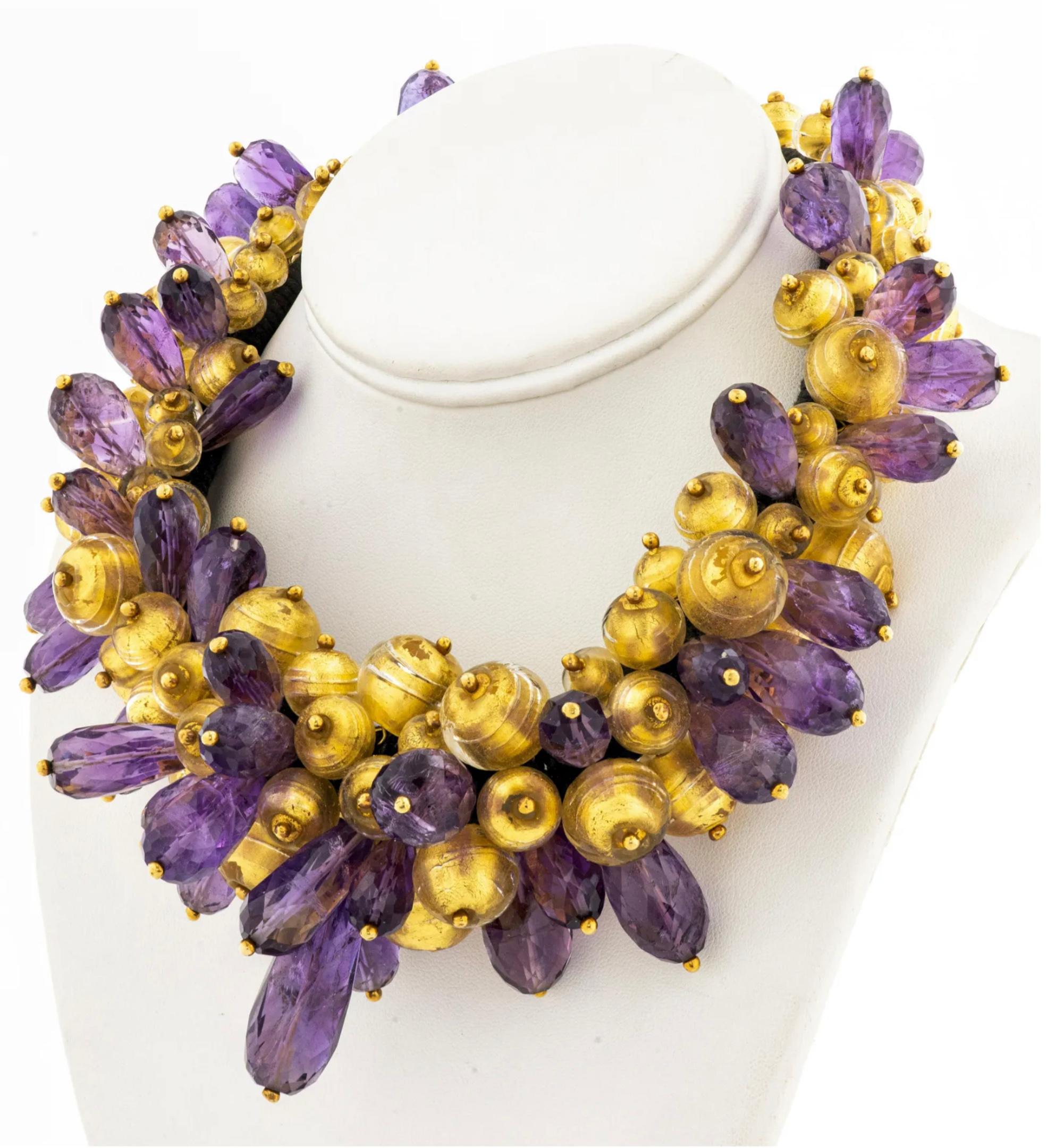 Lotus Arts de Vivre 18K yellow gold amethyst and venetian glass beaded bid style collar necklace, comprise of forty graduated oblong faceted-cut amethyst beads and approx: eighty-seven gold tone venetian glass beads; all capped with yellow gold ball