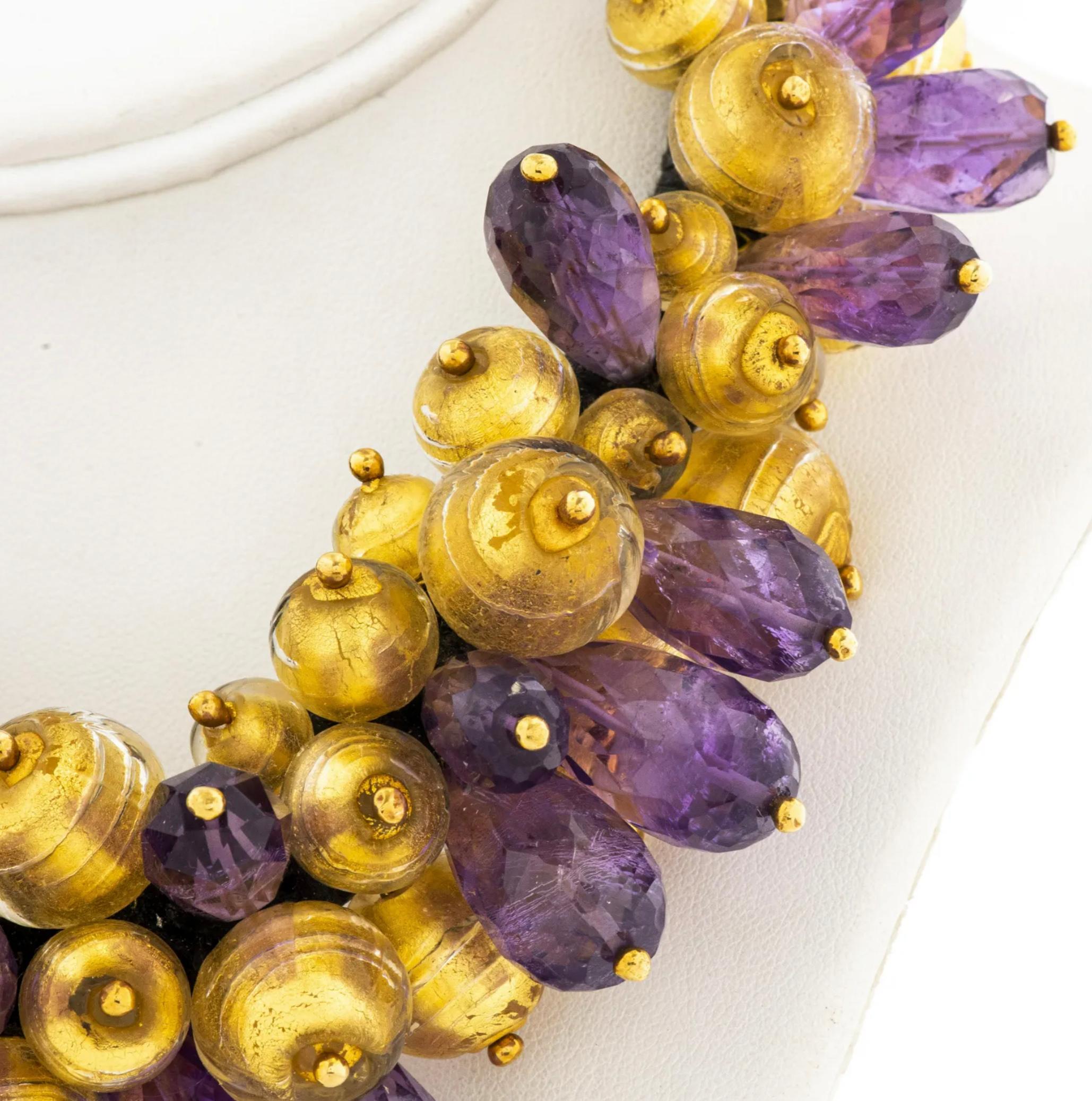 Lotus Arts De Vivre 18K Amethyst & Glass Necklace In Excellent Condition For Sale In New York, NY