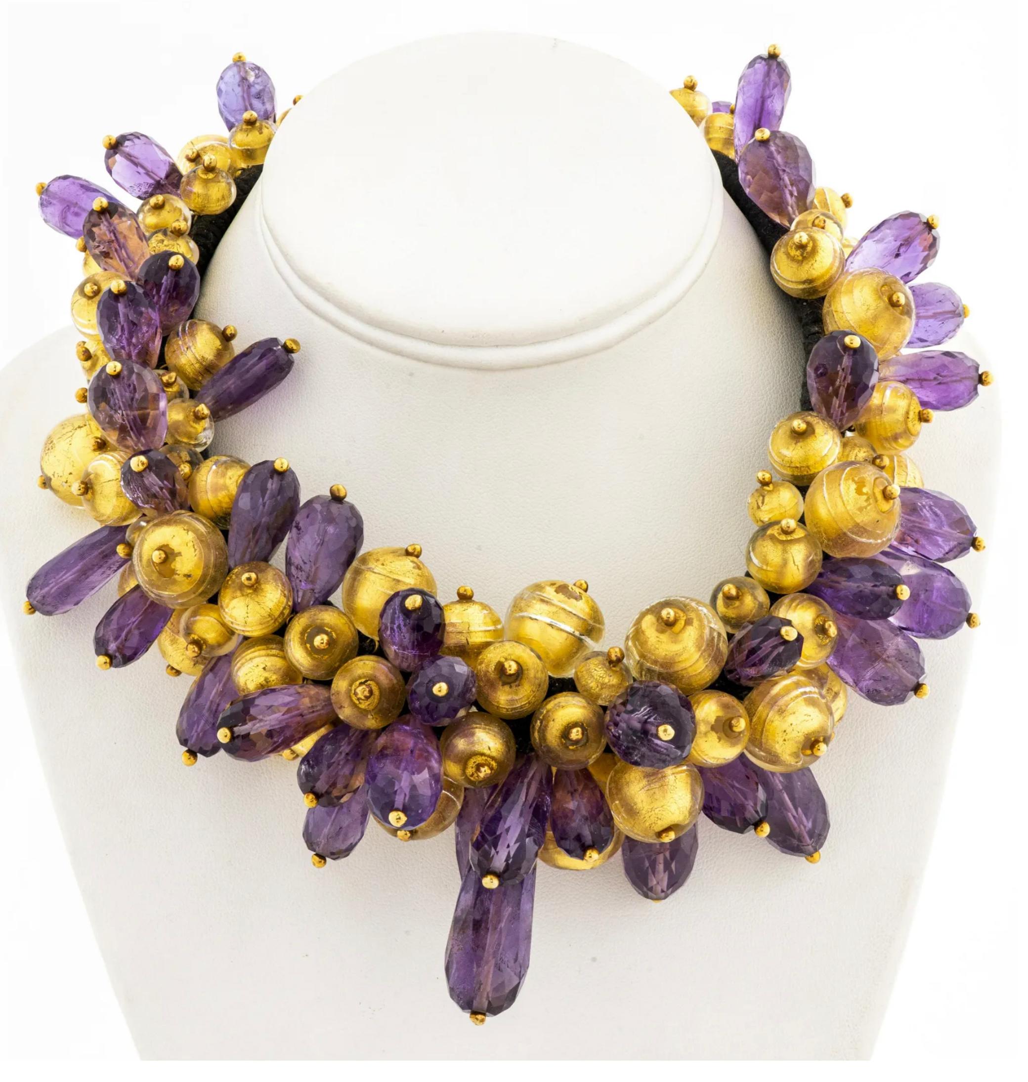 Lotus Arts De Vivre 18K Amethyst & Glass Necklace For Sale 1
