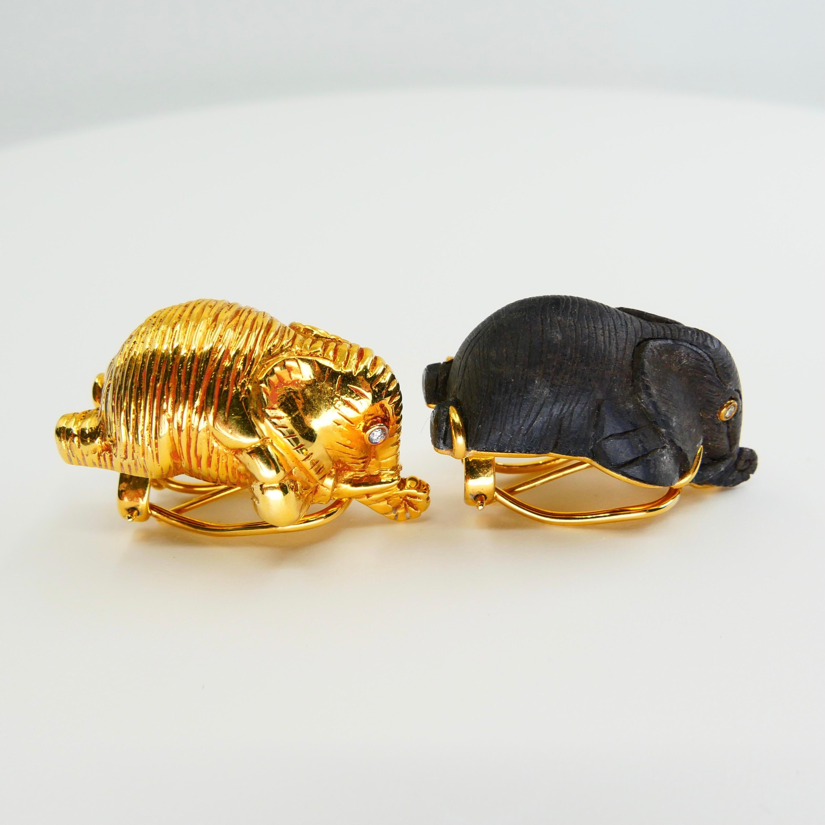 Vintage Lotus Arts De Vivre 18 Karat Gold & Black Wood Elephant Diamond Earrings For Sale 5