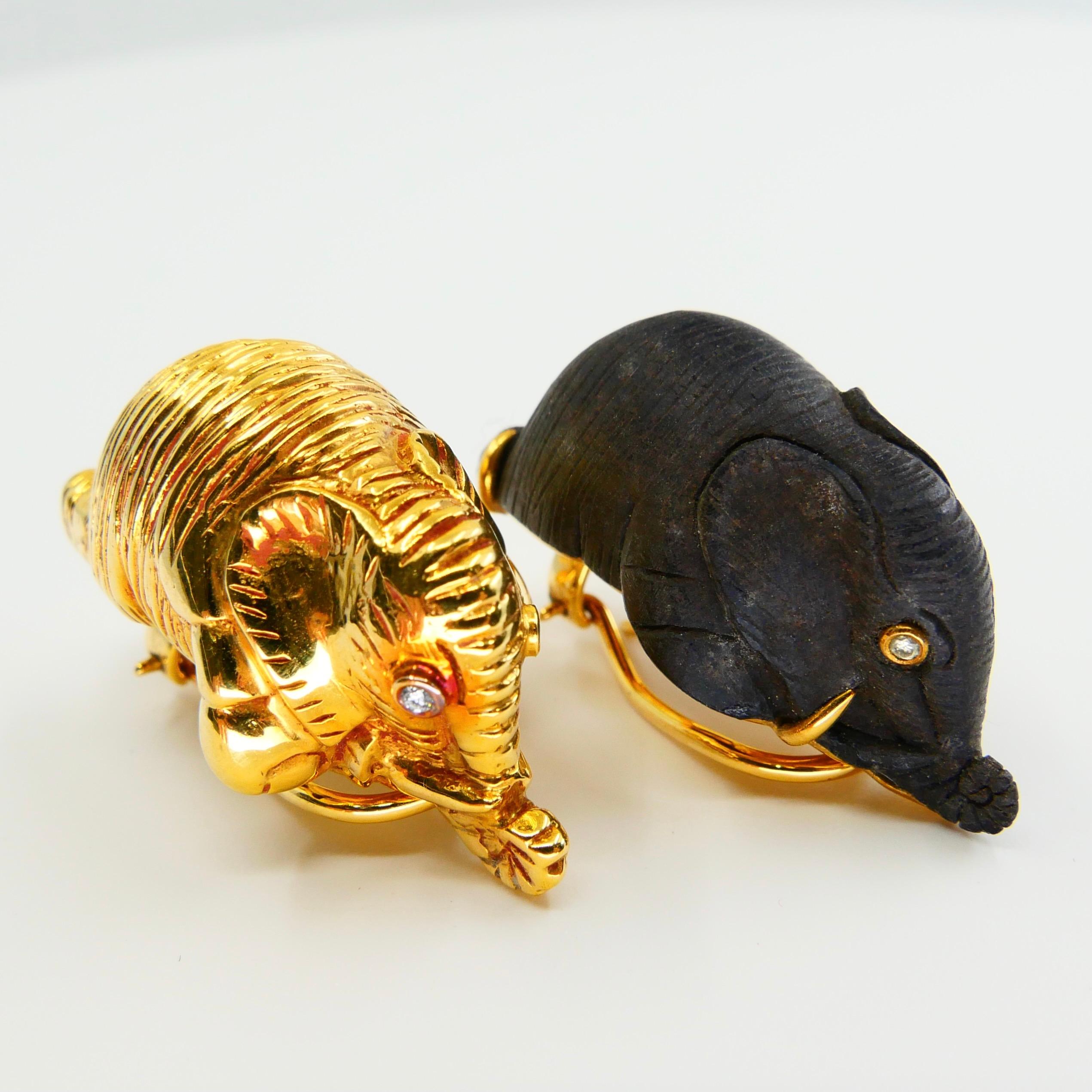 Vintage Lotus Arts De Vivre 18 Karat Gold & Black Wood Elephant Diamond Earrings For Sale 6