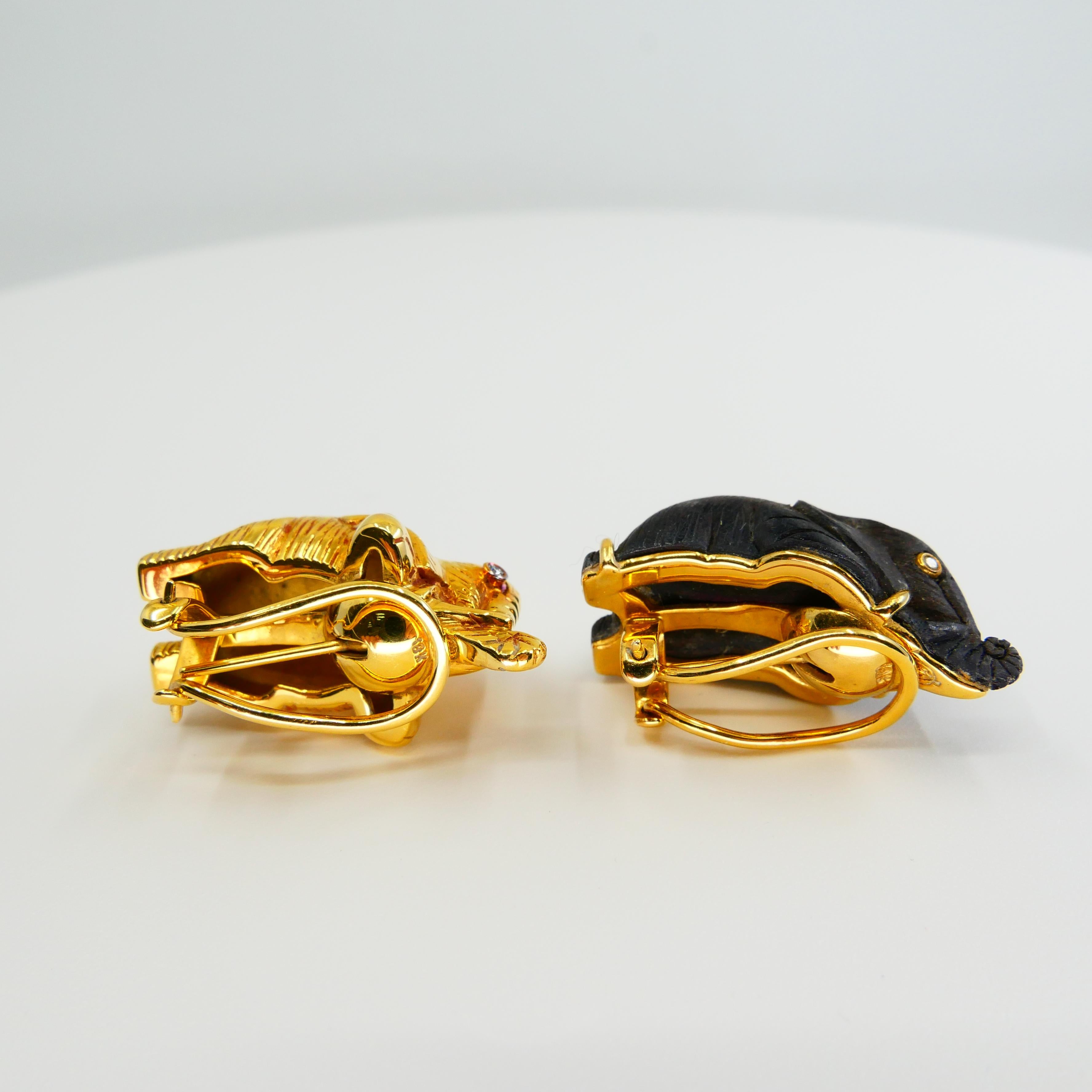 Vintage Lotus Arts De Vivre 18 Karat Gold & Black Wood Elephant Diamond Earrings For Sale 7