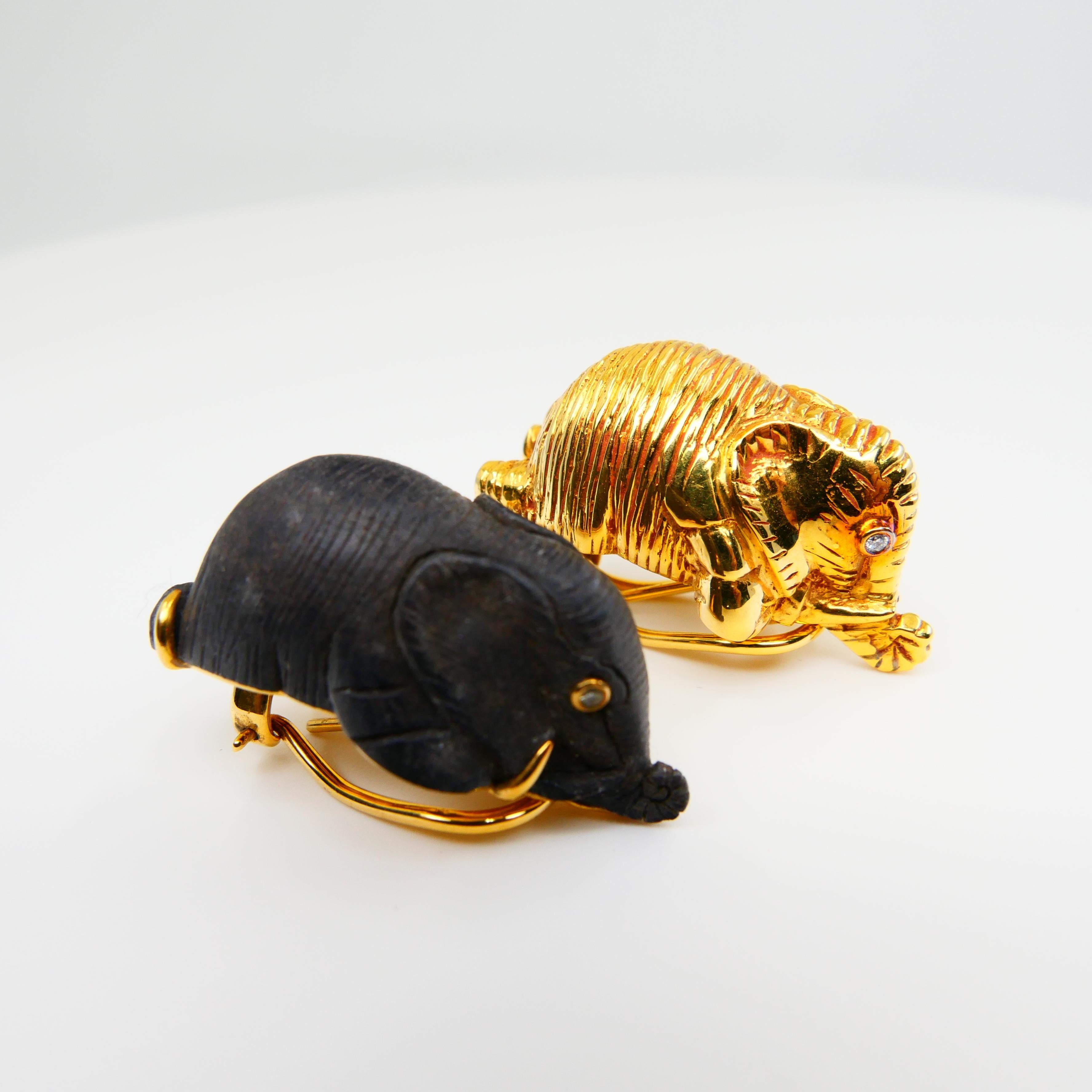 Vintage Lotus Arts De Vivre 18 Karat Gold & Black Wood Elephant Diamond Earrings For Sale 9