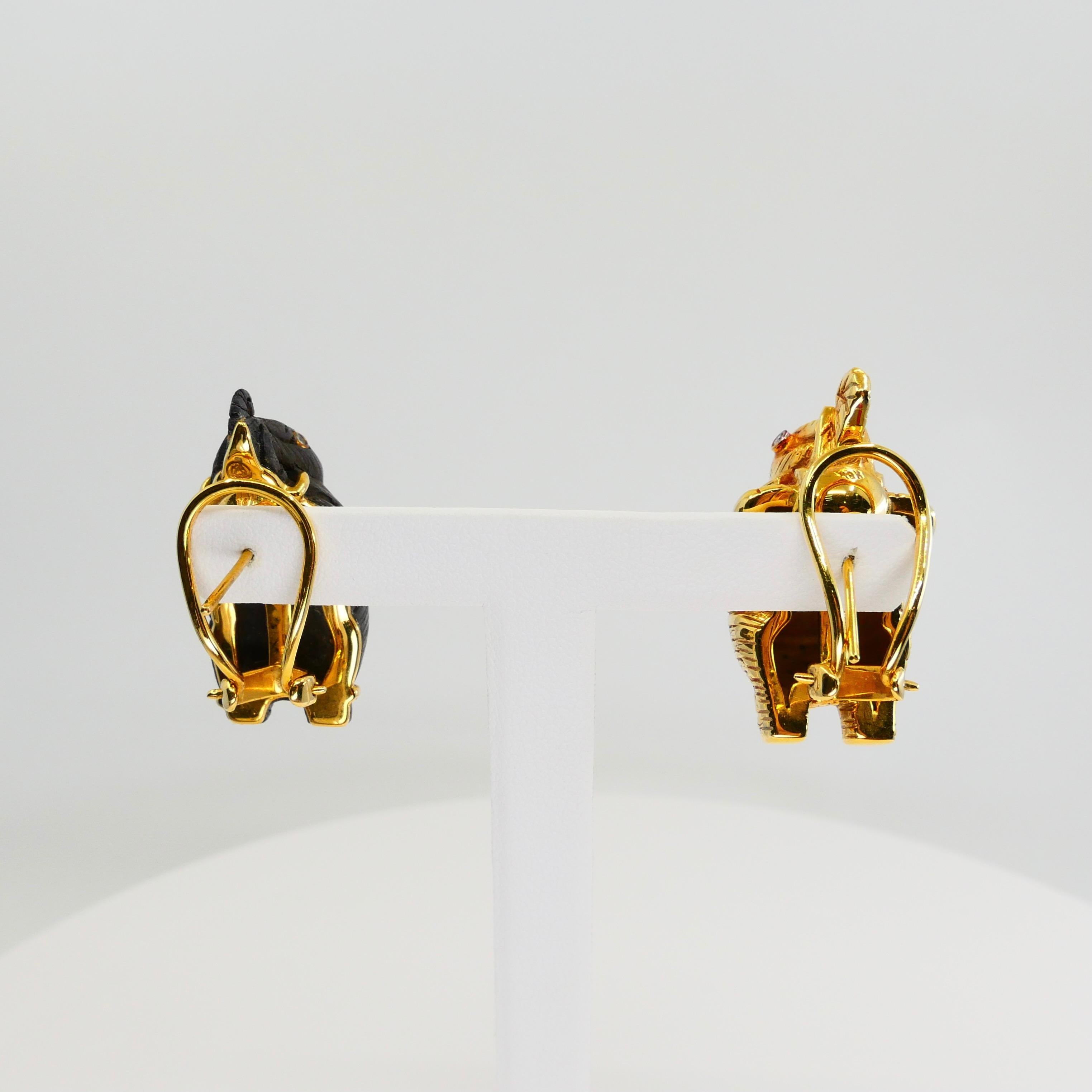 Vintage Lotus Arts De Vivre 18 Karat Gold & Black Wood Elephant Diamond Earrings For Sale 12