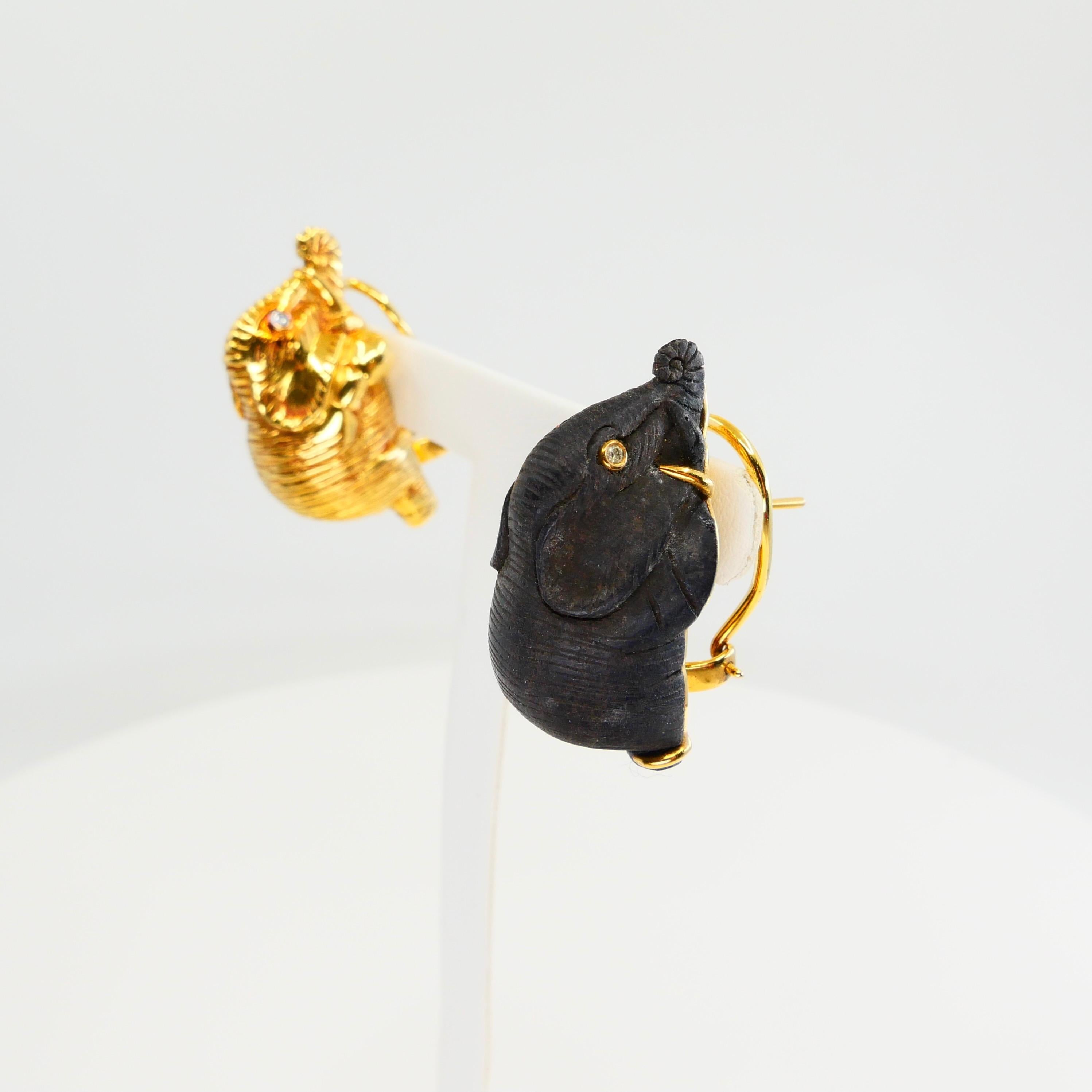 Vintage Lotus Arts De Vivre 18 Karat Gold & Schwarzes Holz Elefant Diamant-Ohrringe im Angebot 15
