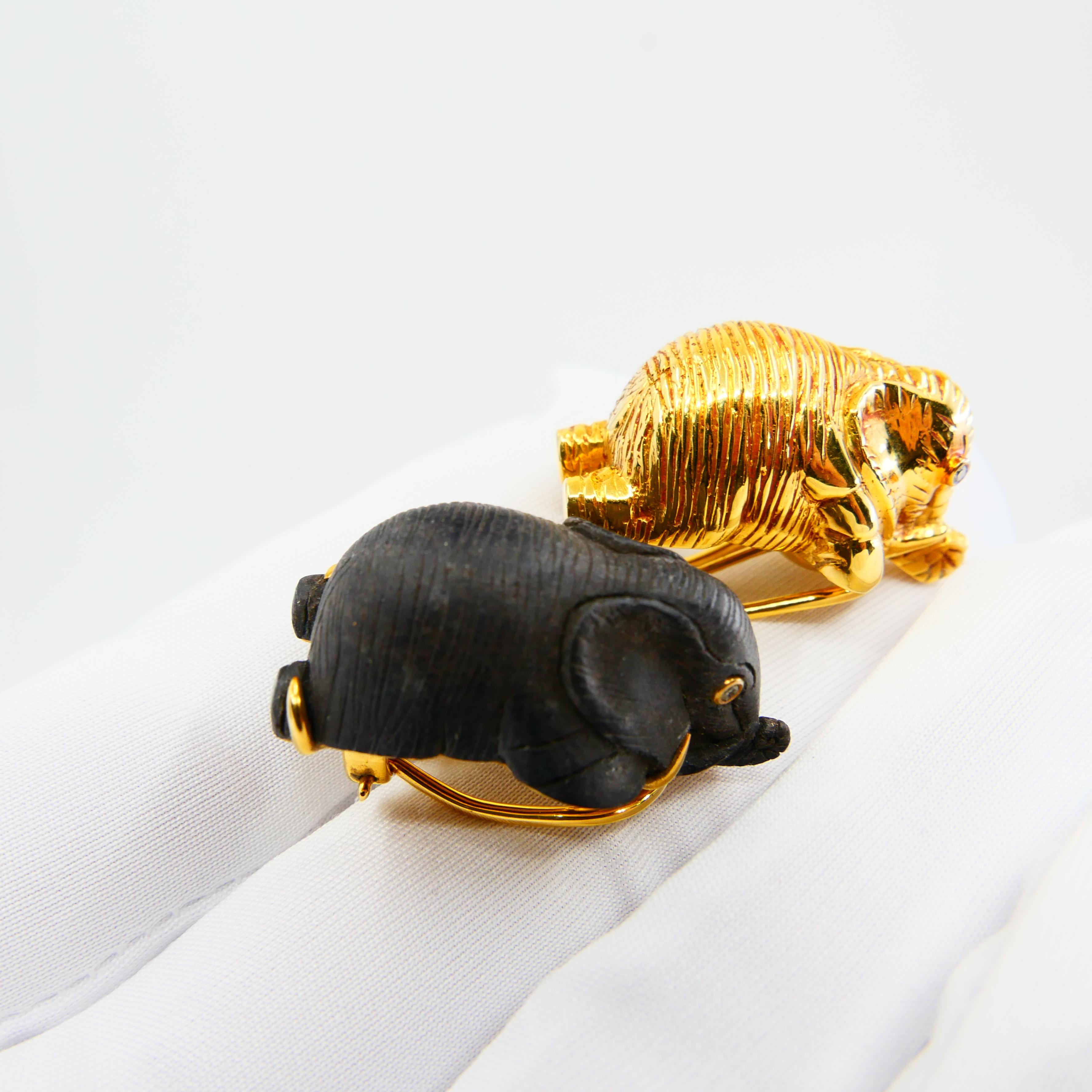 Rough Cut Vintage Lotus Arts De Vivre 18 Karat Gold & Black Wood Elephant Diamond Earrings For Sale