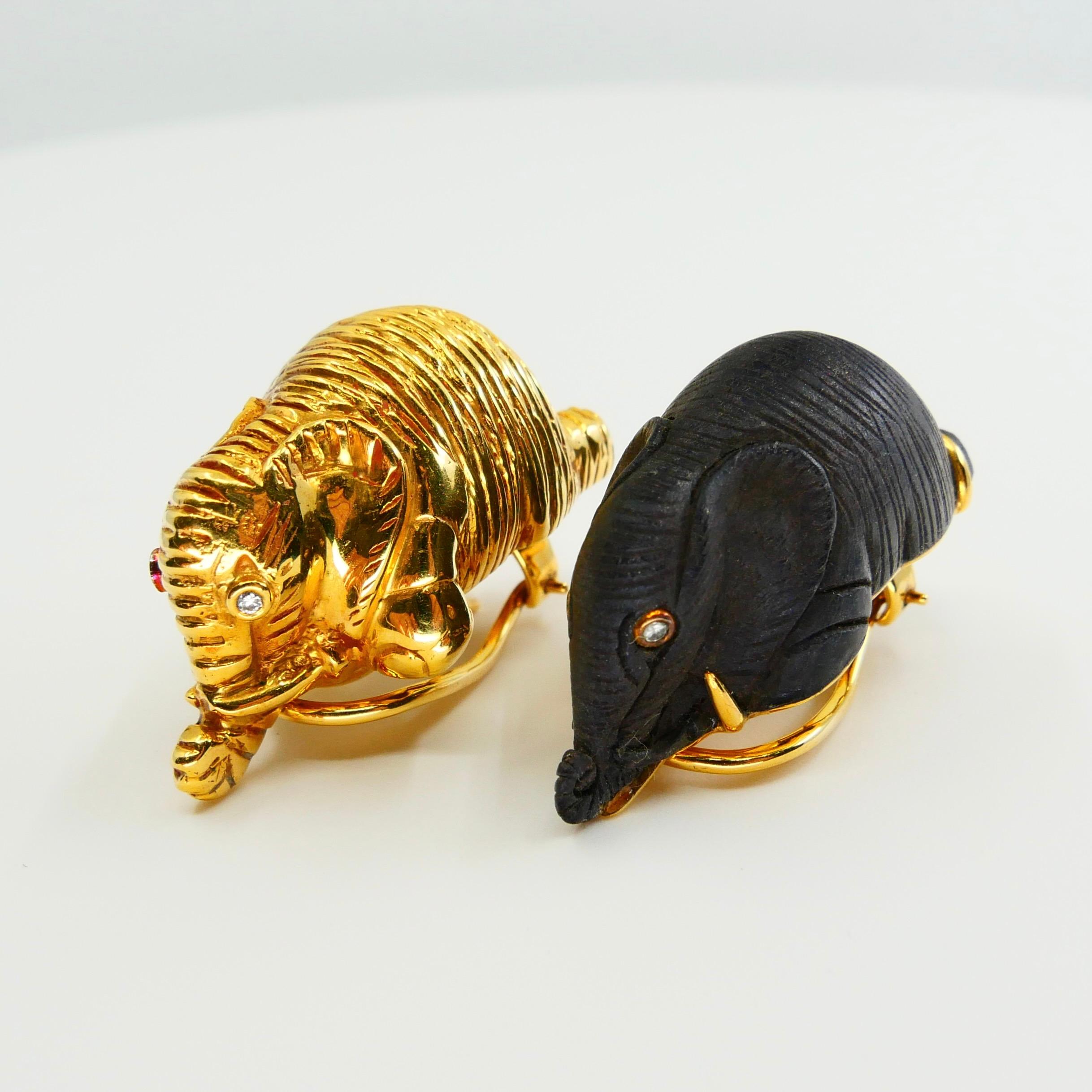 Women's Vintage Lotus Arts De Vivre 18 Karat Gold & Black Wood Elephant Diamond Earrings For Sale