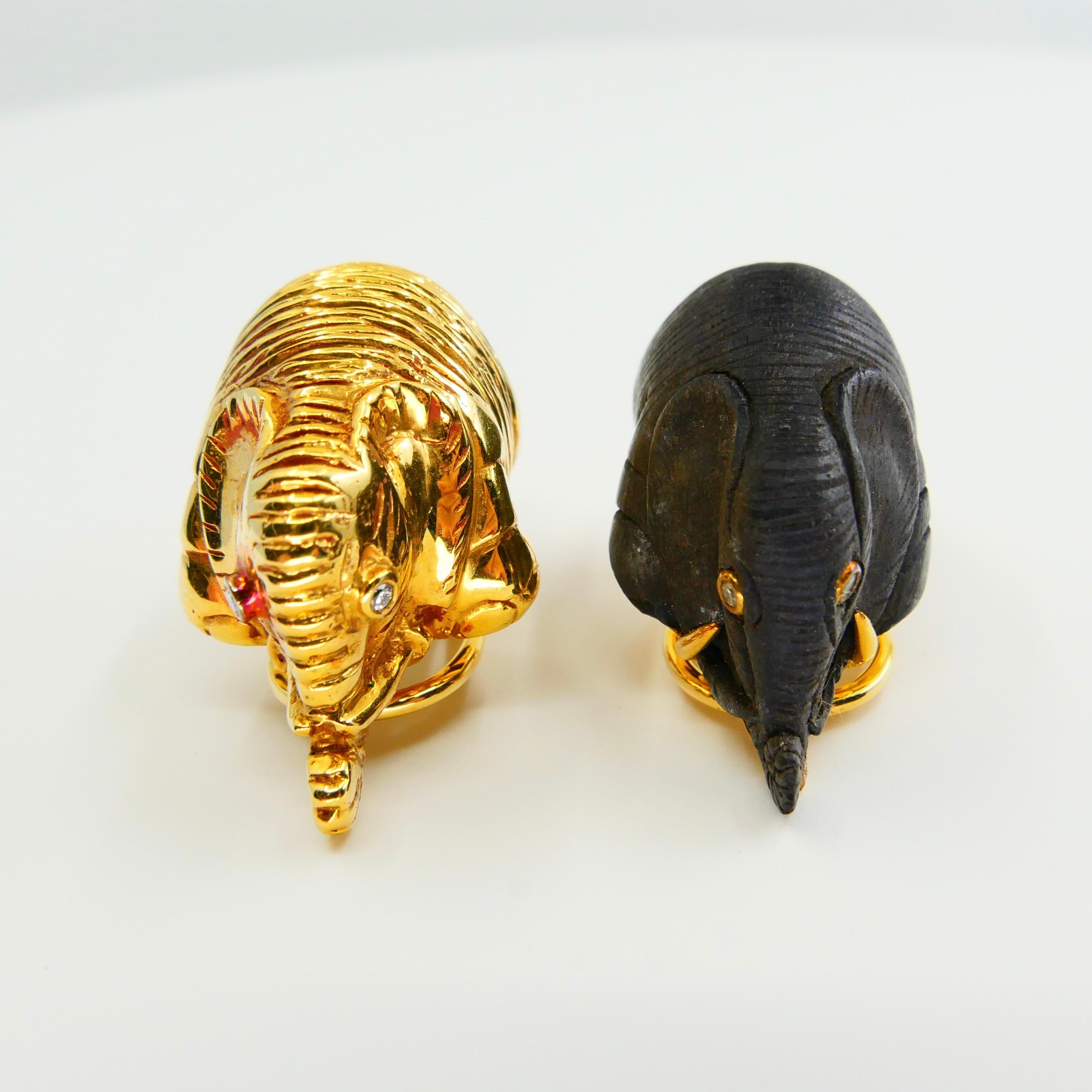 Vintage Lotus Arts De Vivre 18 Karat Gold & Black Wood Elephant Diamond Earrings For Sale 3