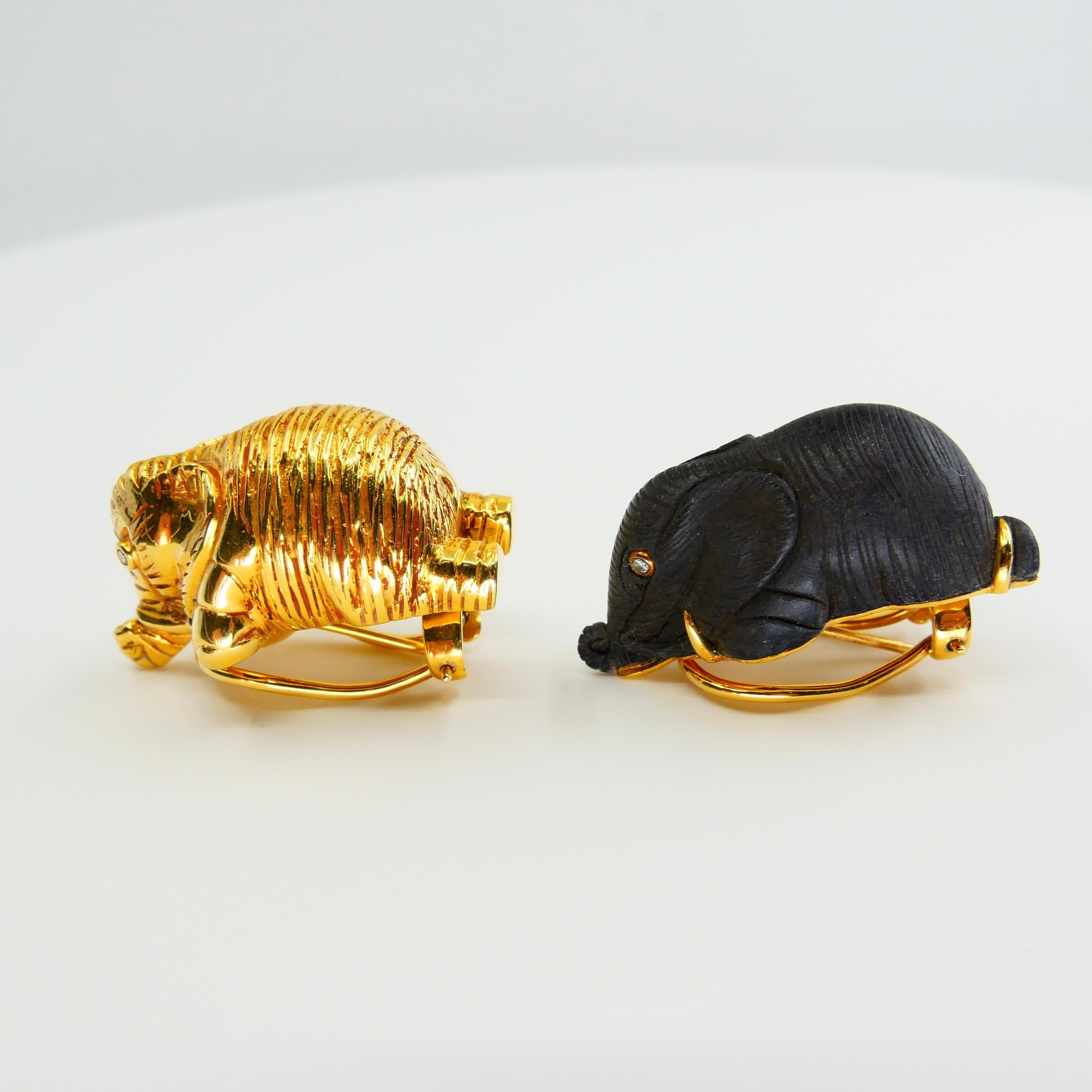 Vintage Lotus Arts De Vivre 18 Karat Gold & Black Wood Elephant Diamond Earrings For Sale 4